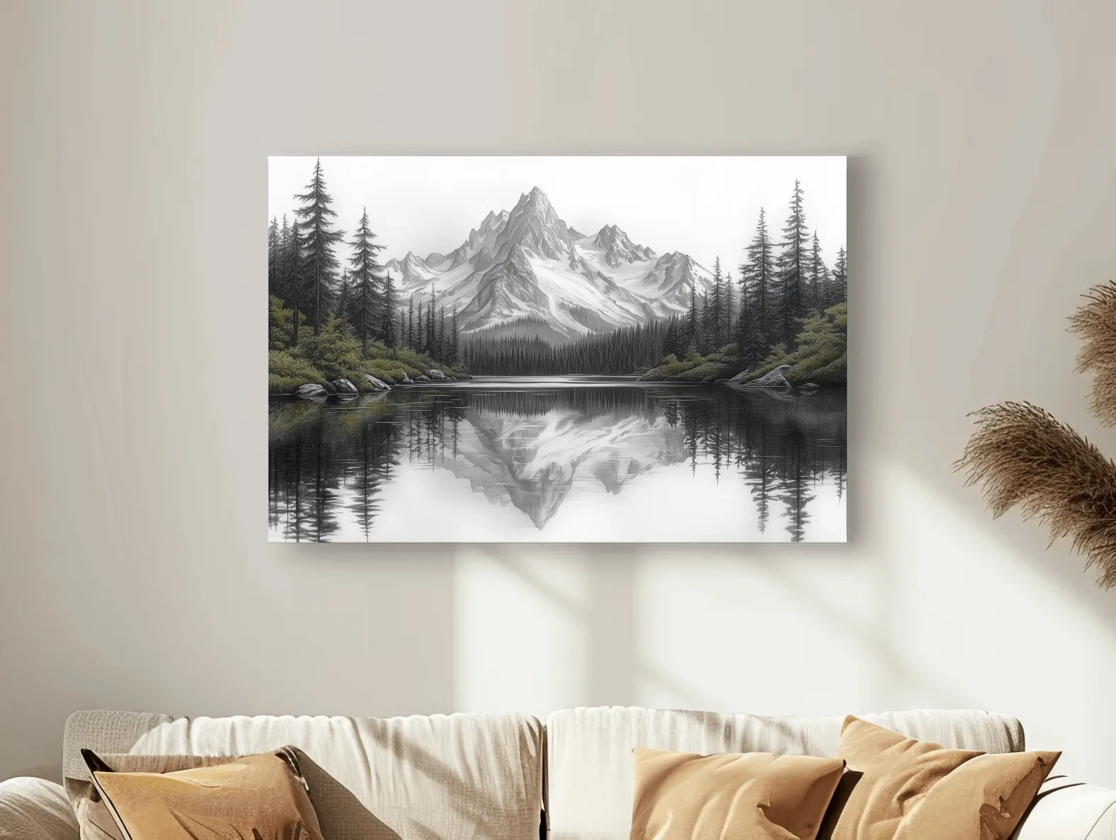 Monochrome Alpine Mountain Lake Reflection Sketch Artwork - Minimalist Forest Landscape Wall Art