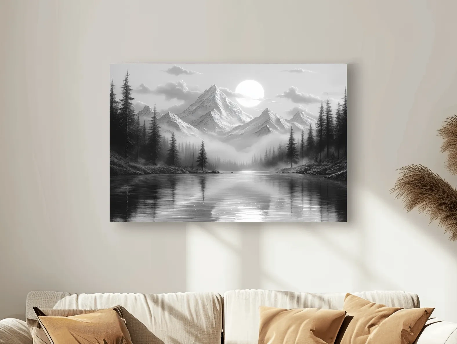 Monochrome Misty Alpine Lake Landscape - Mountain Forest Wall Art