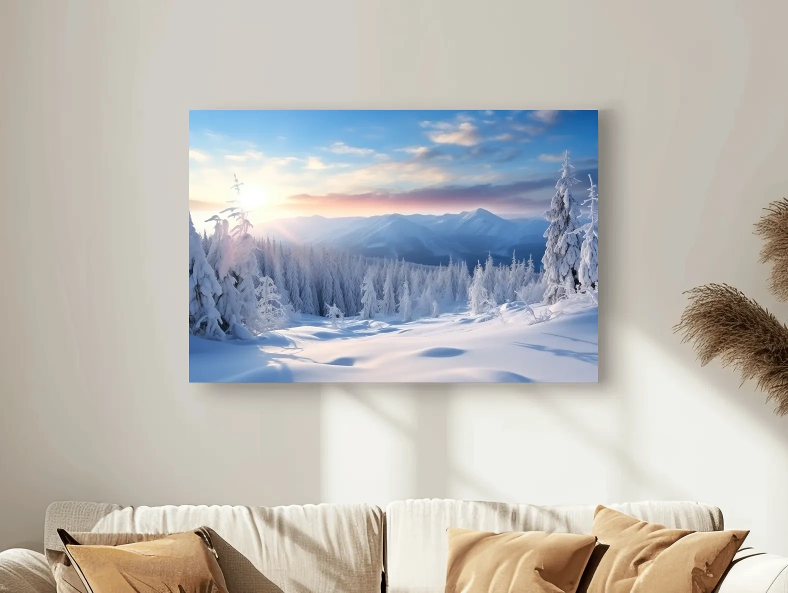 Serene Winter Mountain Sunrise Artwork - Snowy Pine Forest Photographic Wall Art