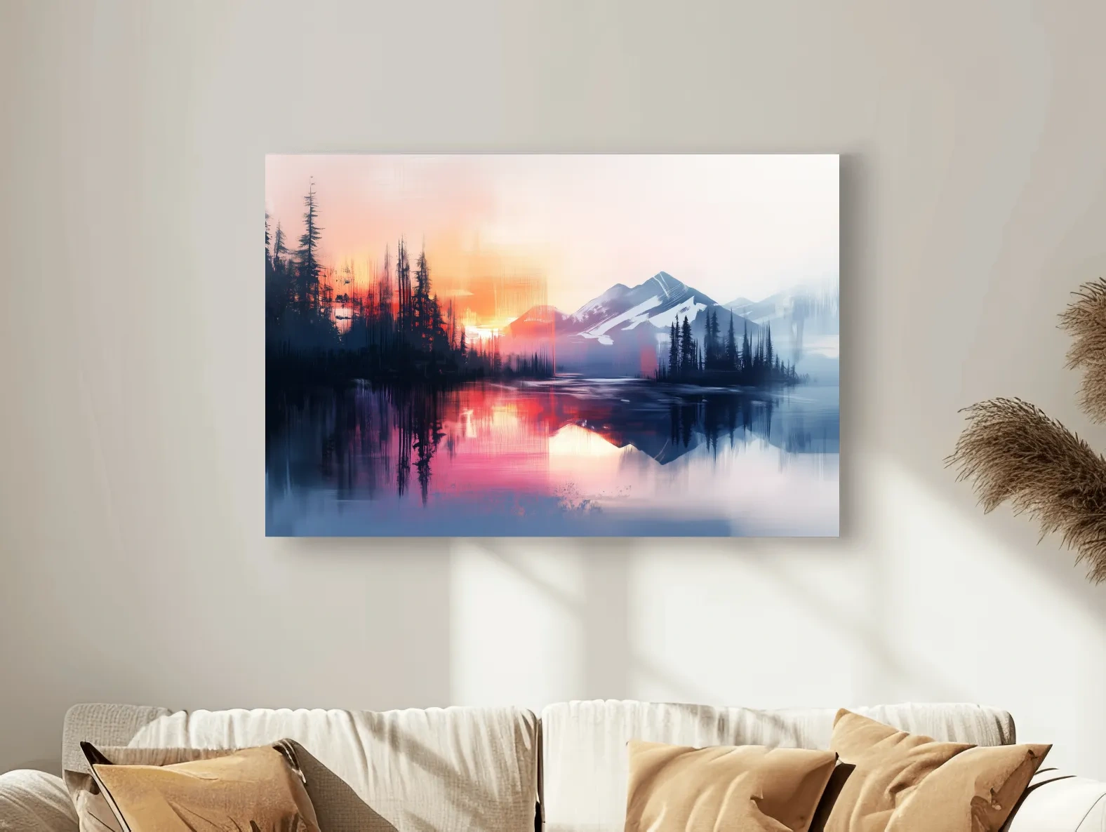 Vibrant Sunset Alpine Mountain Lake Reflection - Abstract Watercolor Forest Wall Art