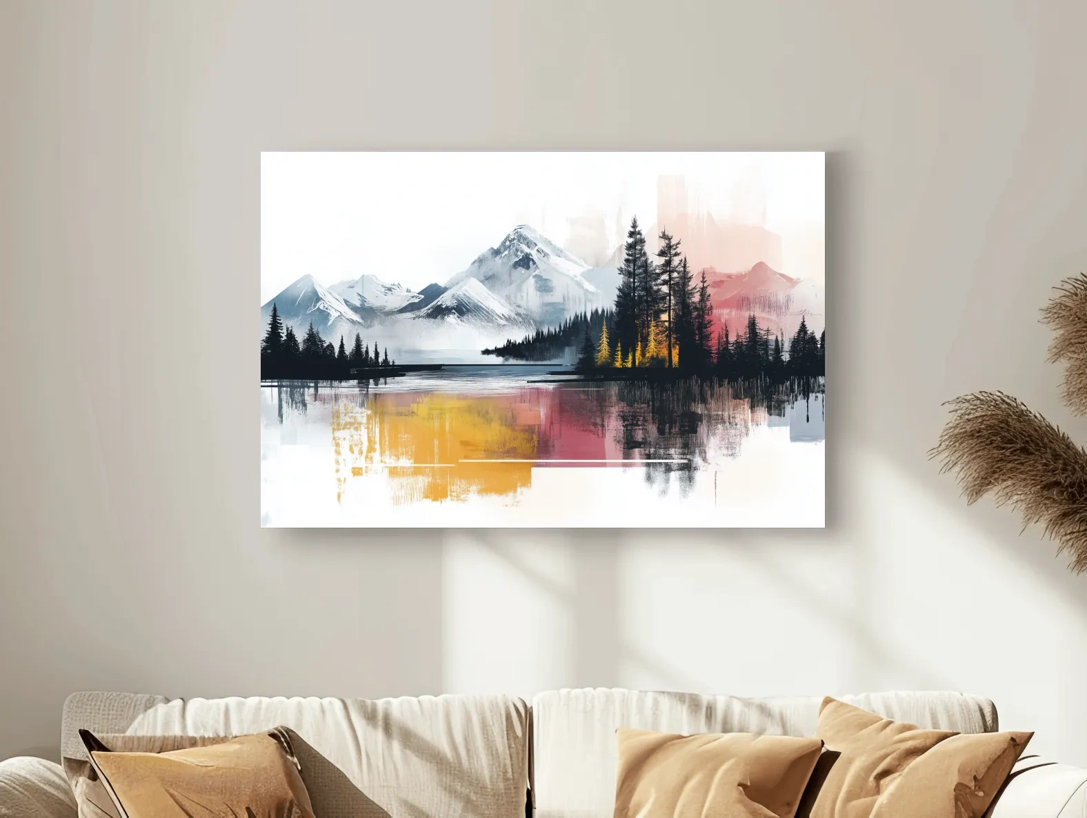 Abstract Misty Mountain Lake Painting - Modern Watercolor Pine Forest Art