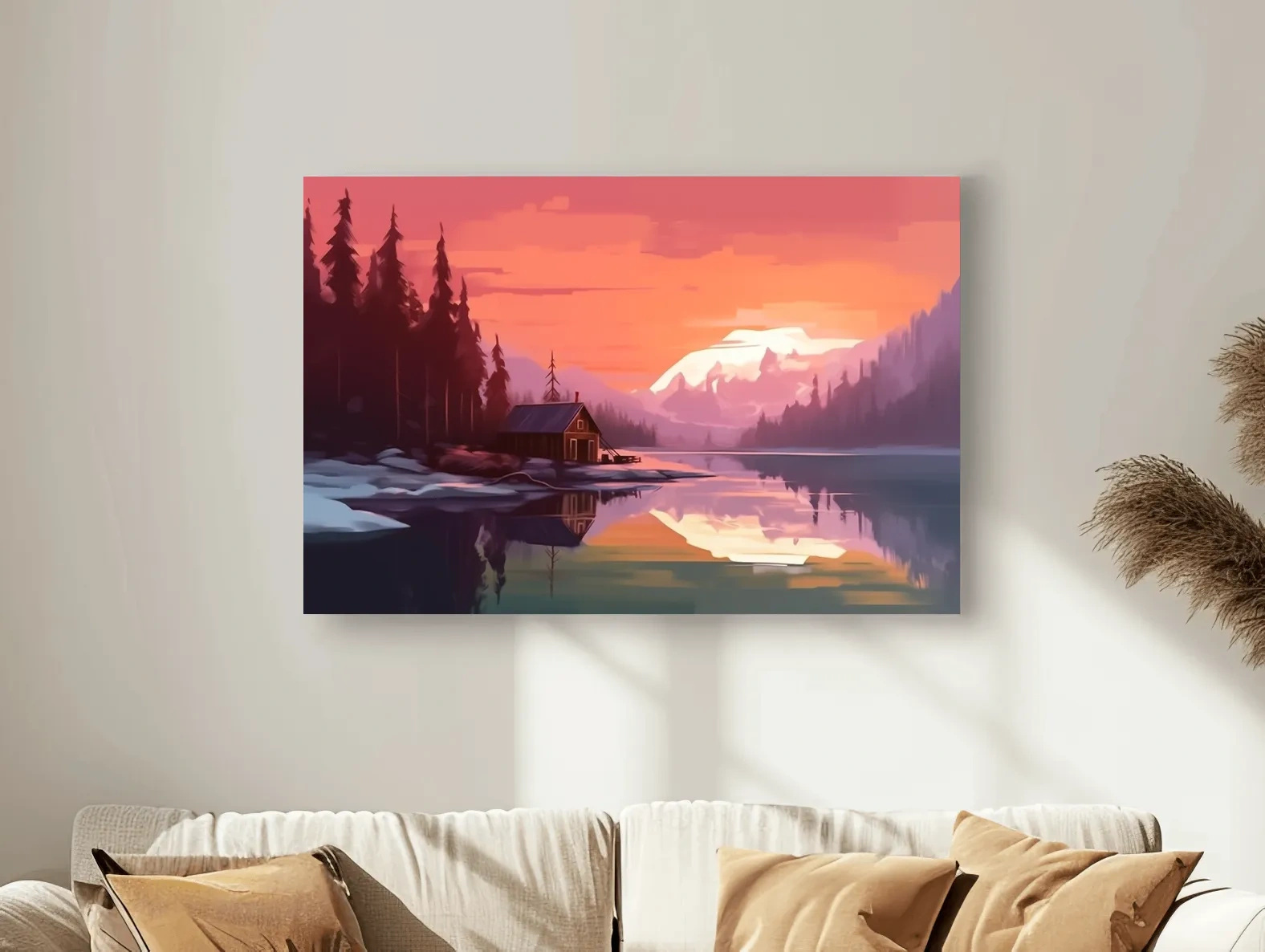 Sunset Mountain Lake Cabin Painting - Serene Alpine Landscape Wall Art