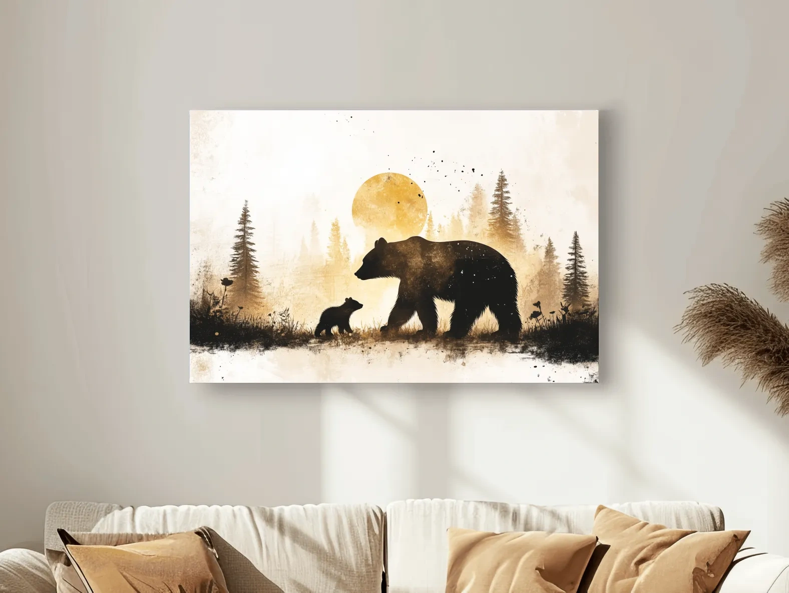 Momma bear and her cub in the forest, textured illustration wall artwork