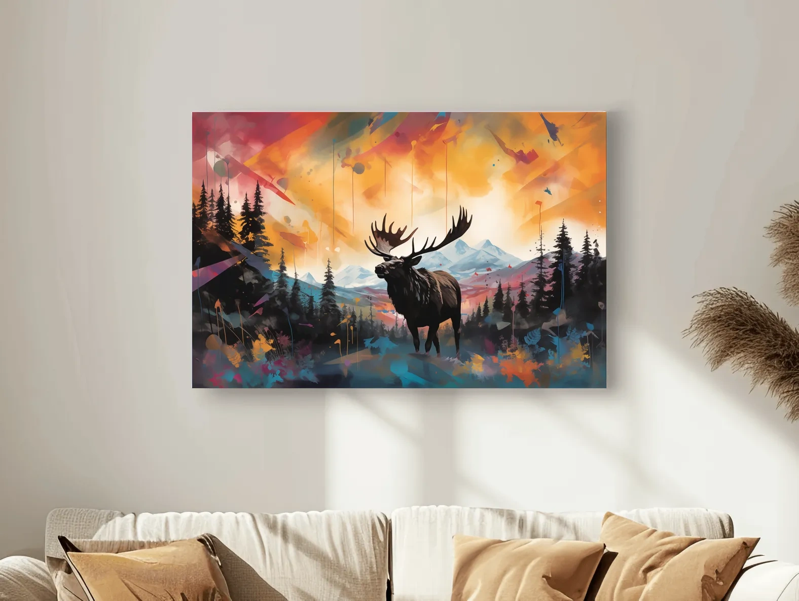 Vibrant Abstract Moose Mountain Painting - Colorful Wildlife Wall Art