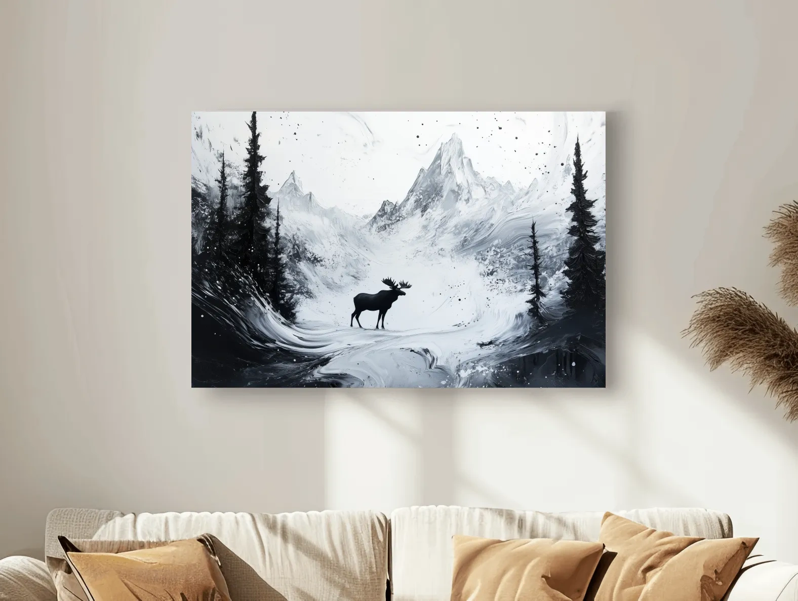 Moody Monochrome Moose Alpine Meadows - Abstract Ink Wash Wildlife Wall Art