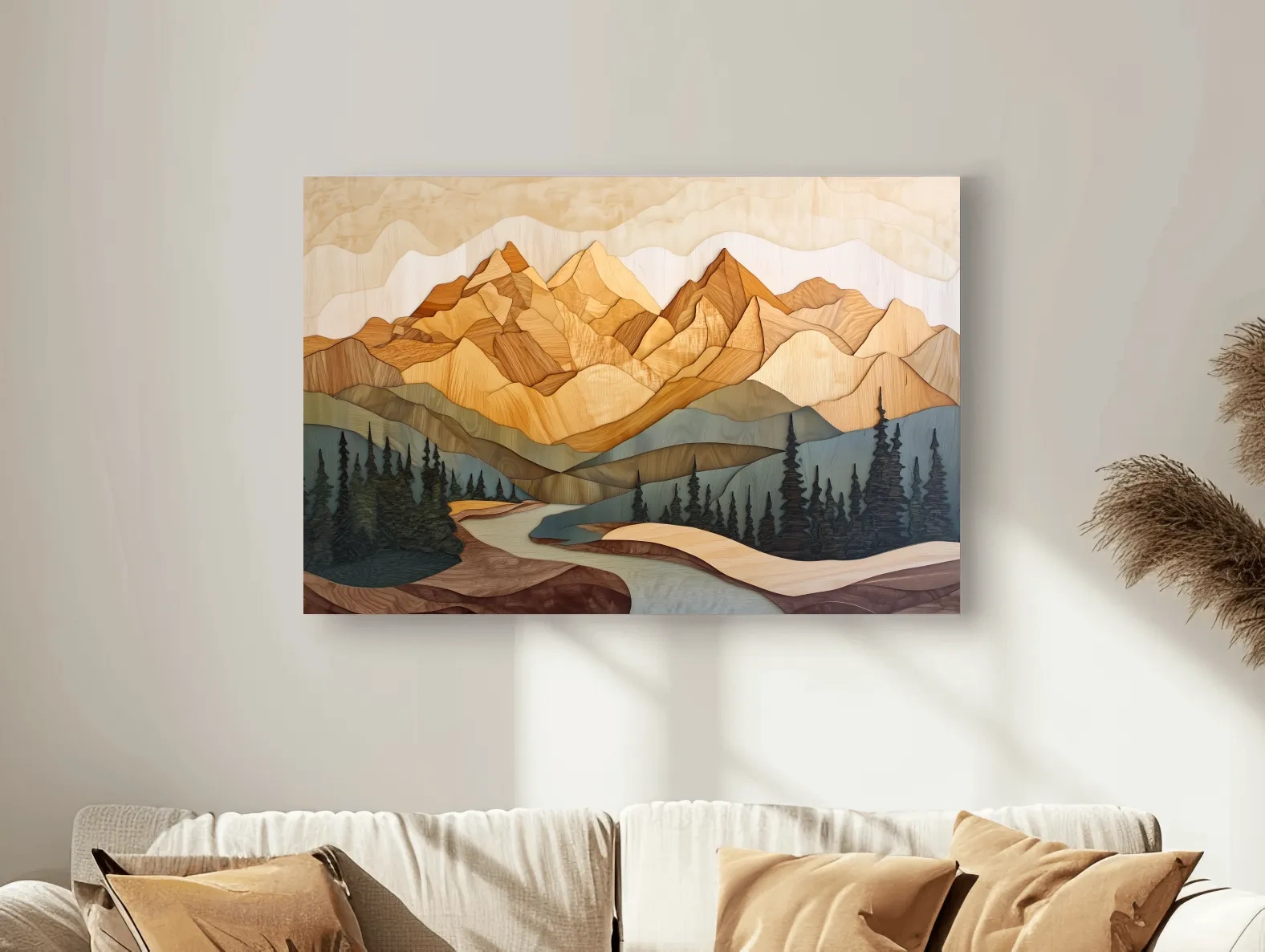 Wood Intarsia Mountain Landscape - Warm Earth Tone Alpine Forest Wall Art