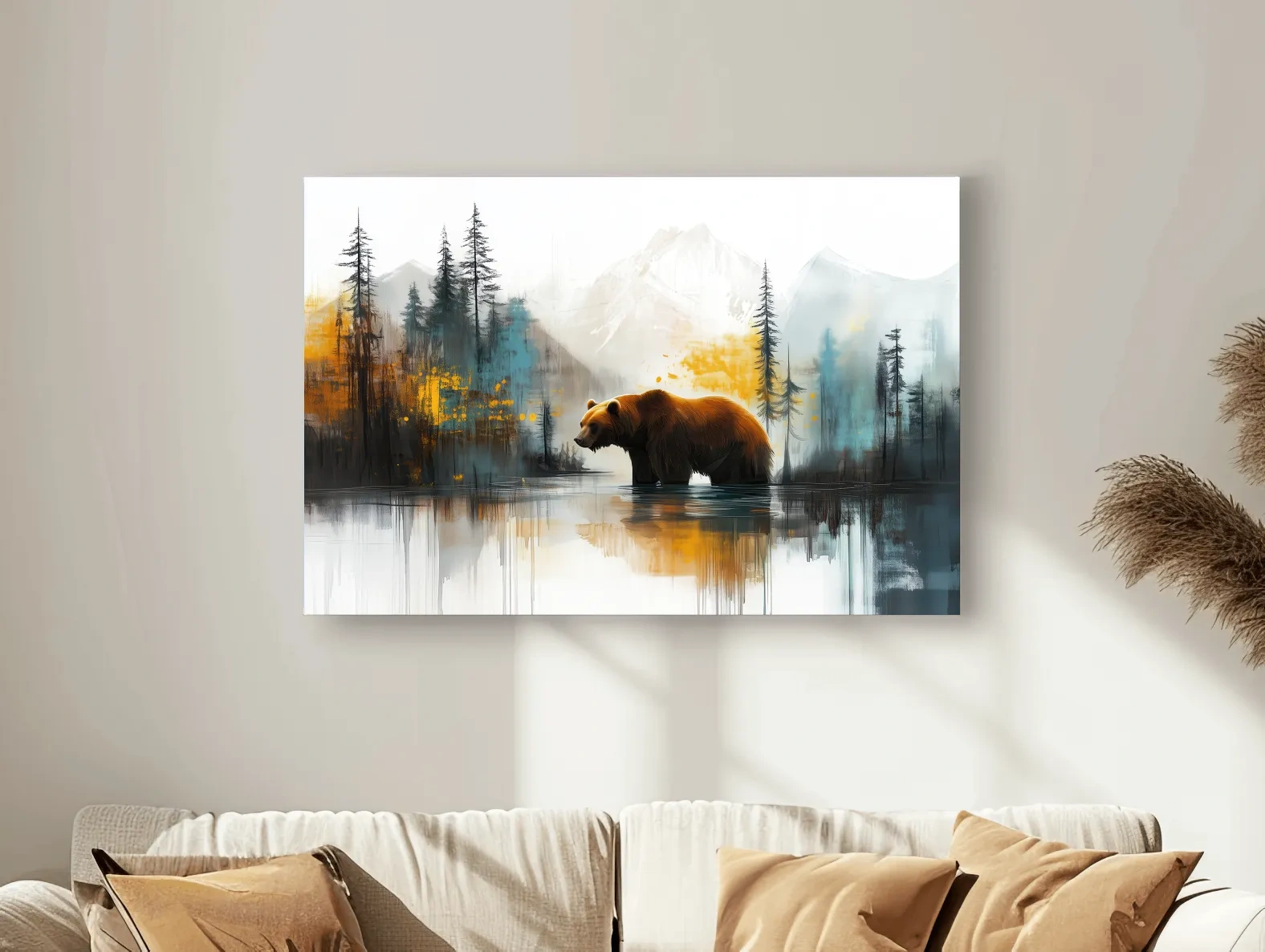 Grizzly Bear Lake Reflection - Misty Mountain Forest Textures Watercolor Style Artwork