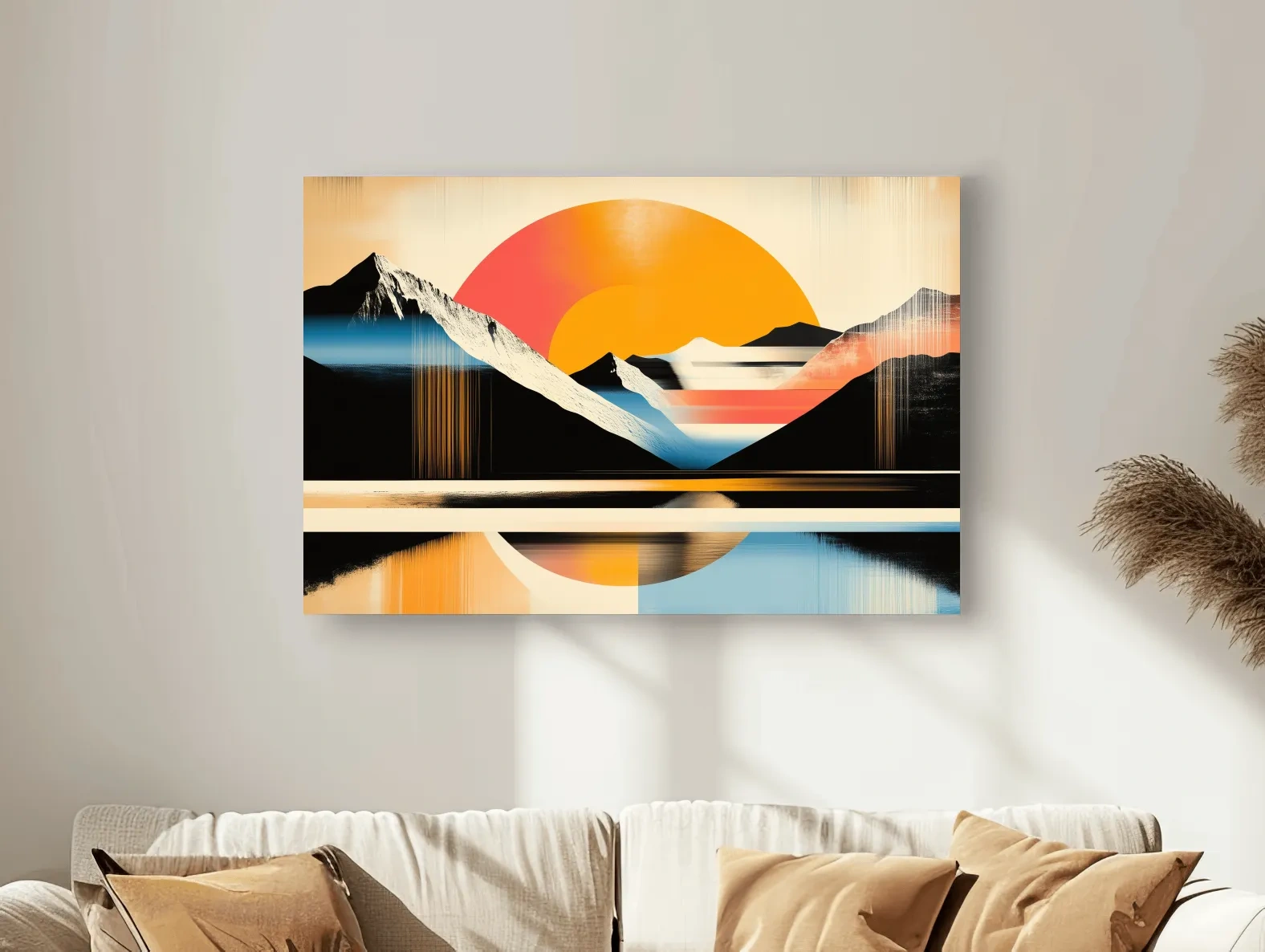Retro Abstract Alpine Lake Sunset Artwork - Geometric Landscape Wall Art