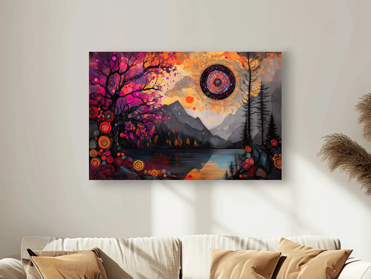 Psychedelic Mountain Lake Sunset Mandala - Vibrant Surreal Landscape Wall Art