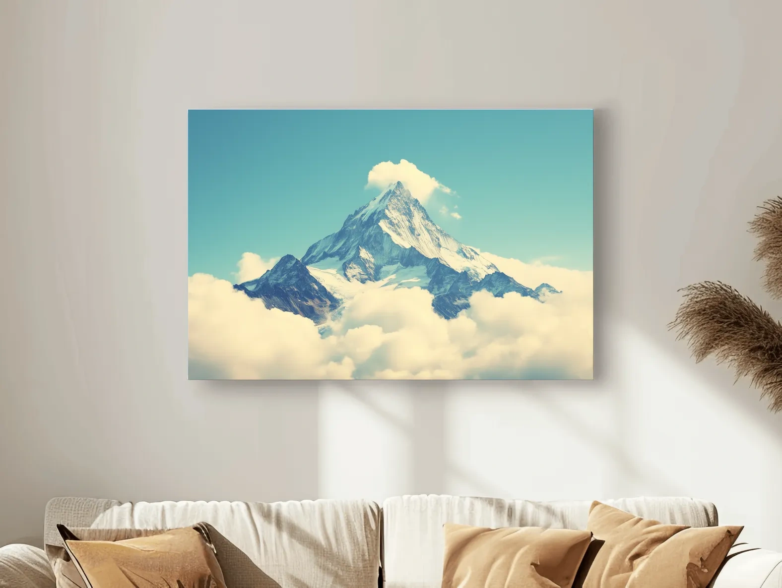 Minimal painting of a mountain peak emerging through clouds, serene artwork with soft blue sky