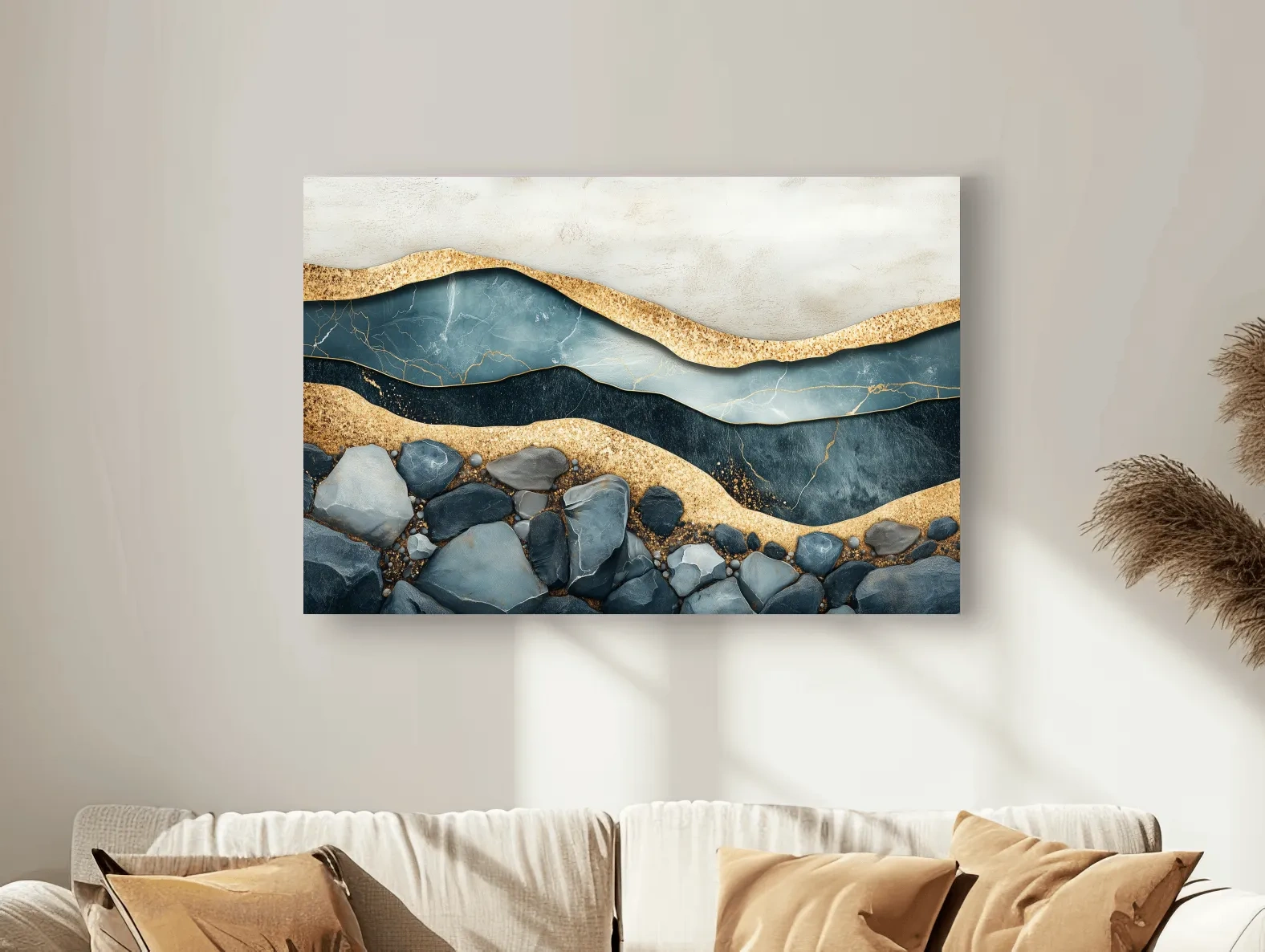 Luxury Teal Gold Marble Geode Layers - Modern River Rock Wall Art