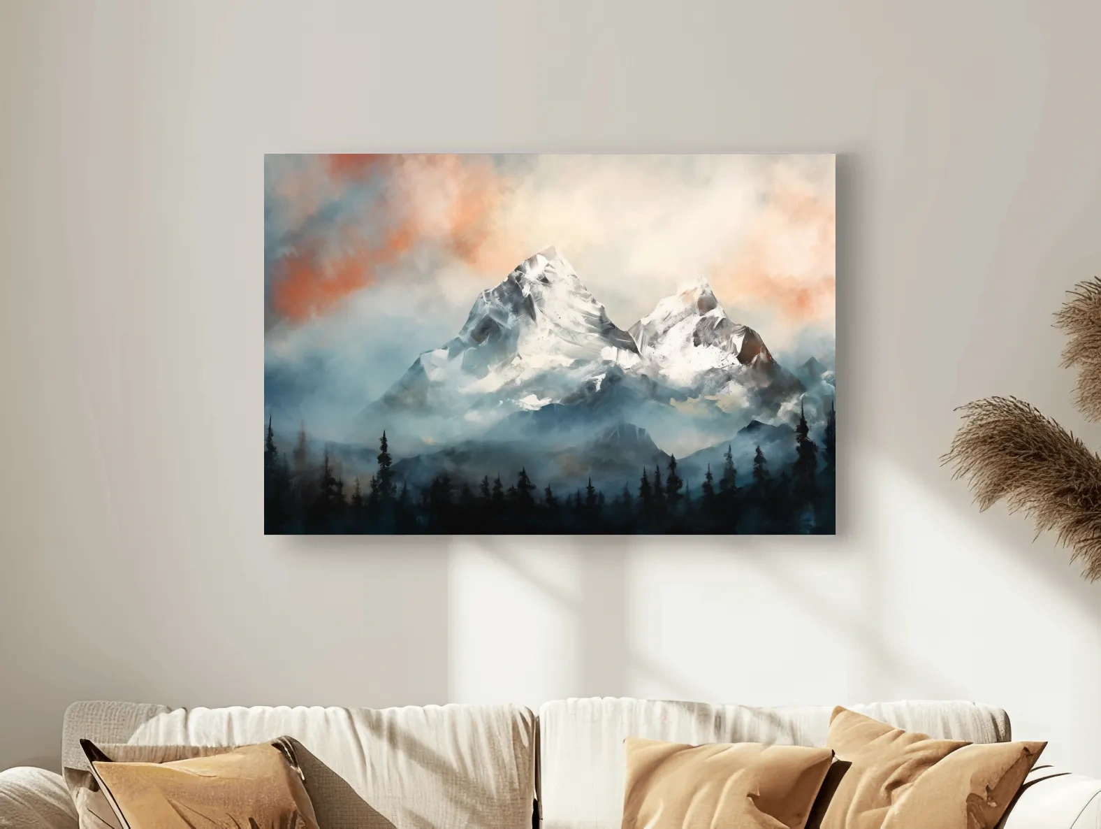 Misty Snowcapped Mountain Peaks Painting - Alpine Sunset Wall Art