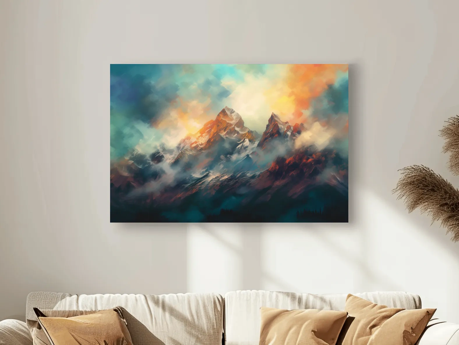 Abstract Sunrise Mountain Peaks Painting - Colorful Alpine Landscape Wall Art