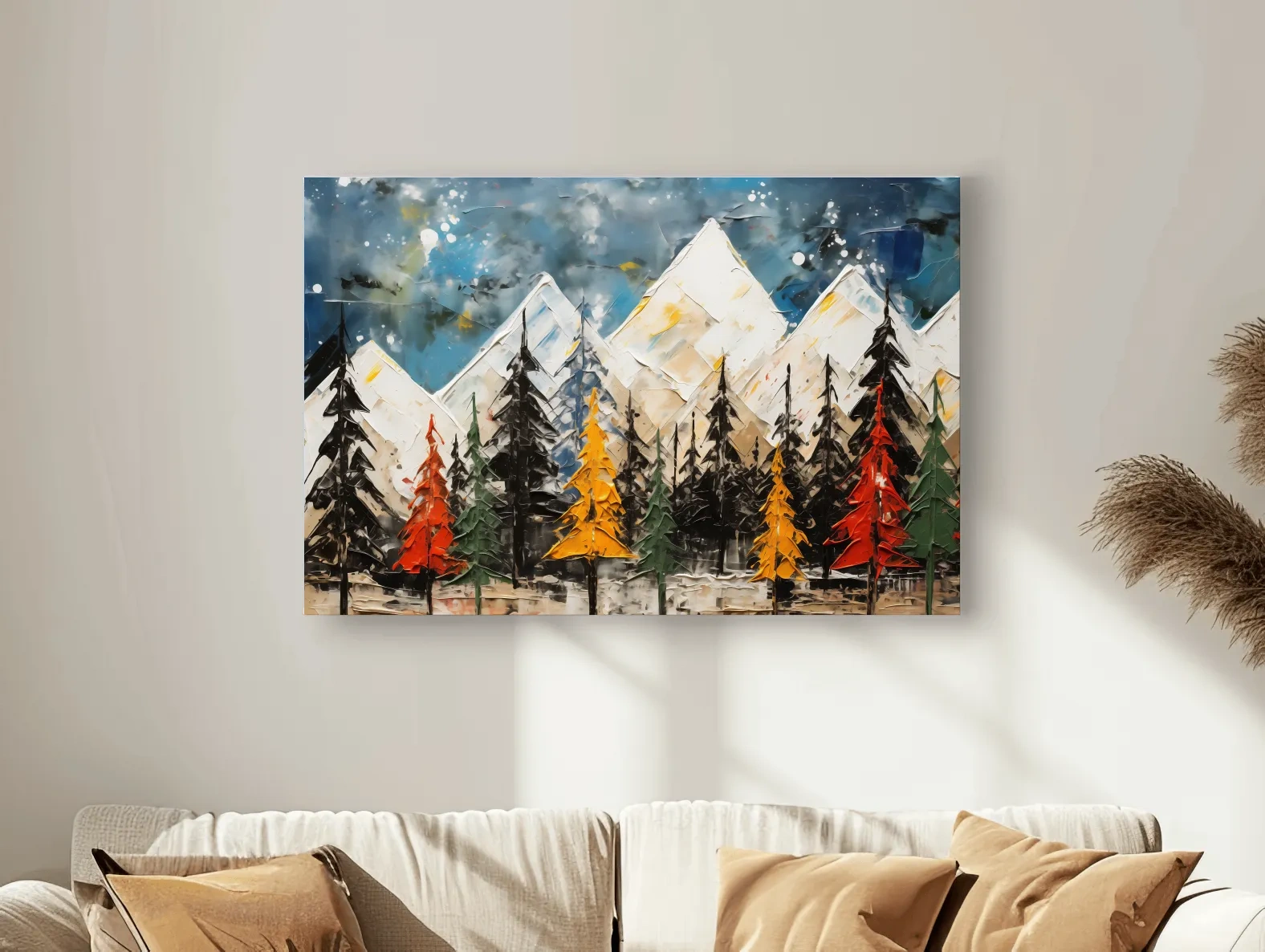 Textured Abstract Oil Painting Style Mountain Forest - Colorful Autumn Pines Landscape Wall Art