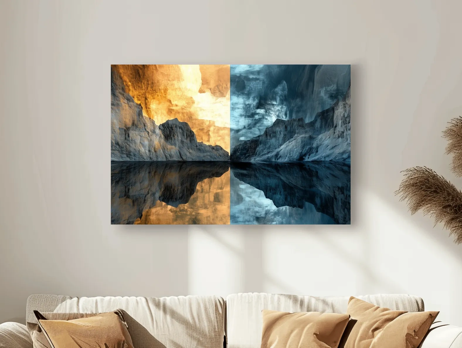 Split Tone Mountain Lake Reflection - Fiery Sunset Cool Twilight