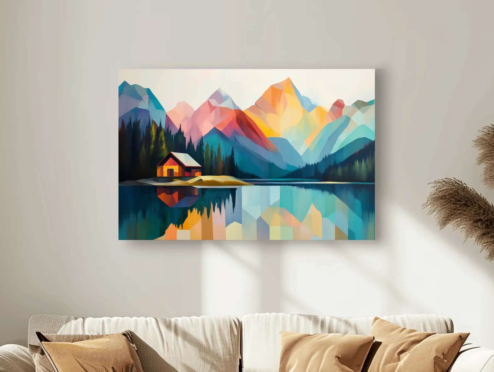 Vibrant Geometric Mountain Lake Cabin - Modern Abstract Landscape Wall Art