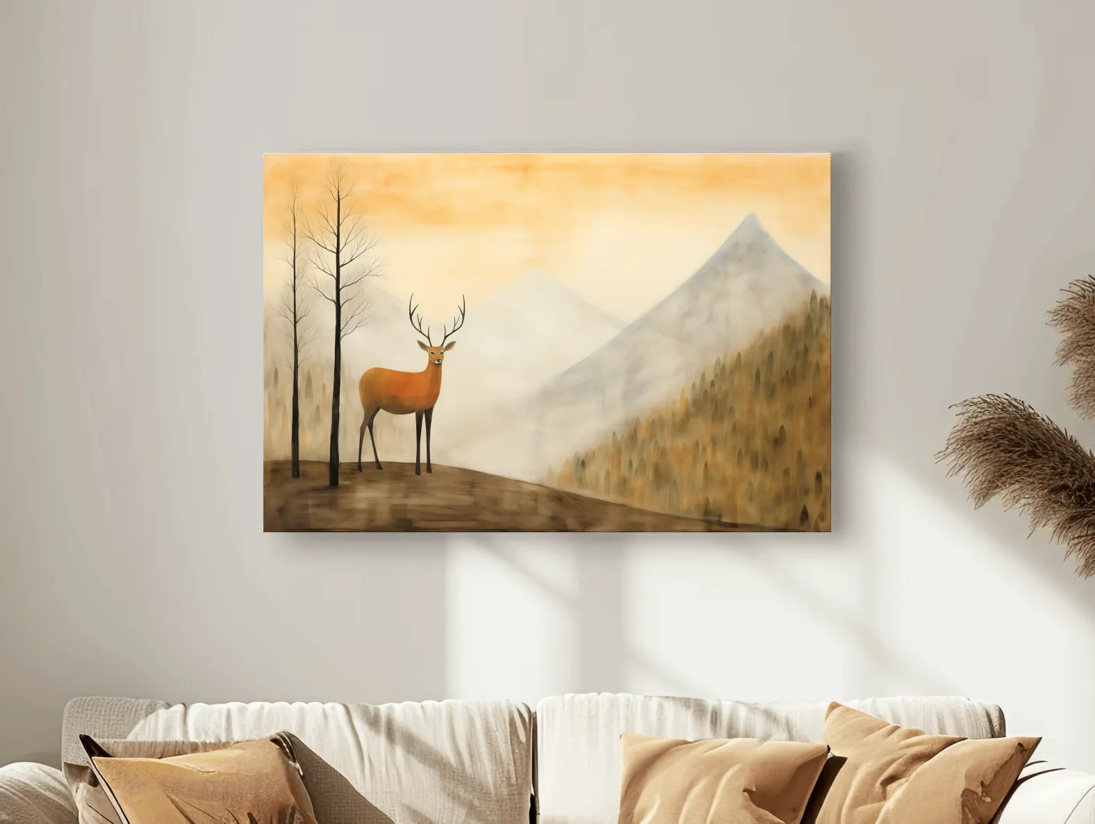 Deer Alpine Mountain Landscape Painting - Serene Foggy Forest Wall Art