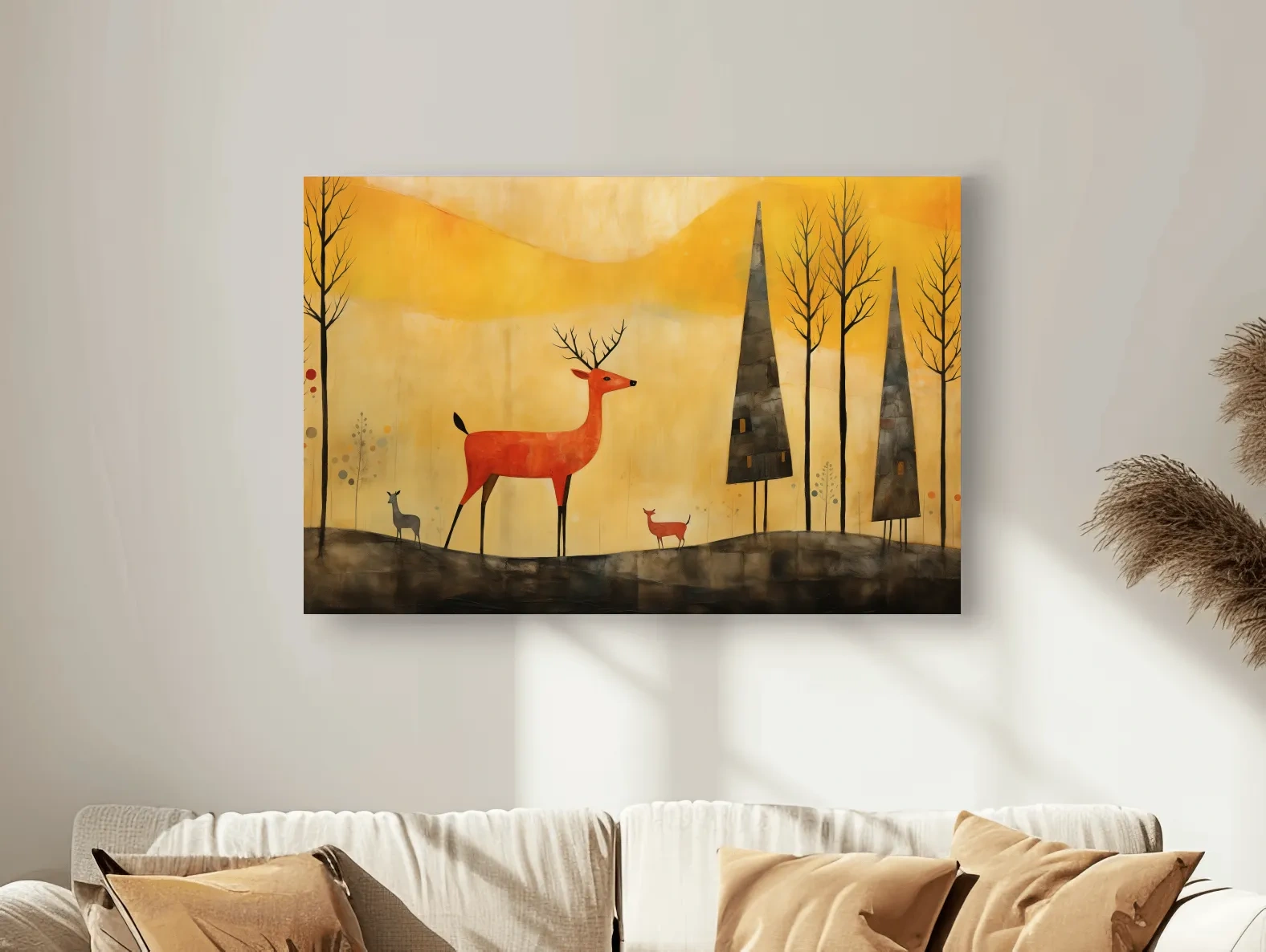 Whimsical Deer Forest Illustration - Autumn Woodland Landscape Wall Art