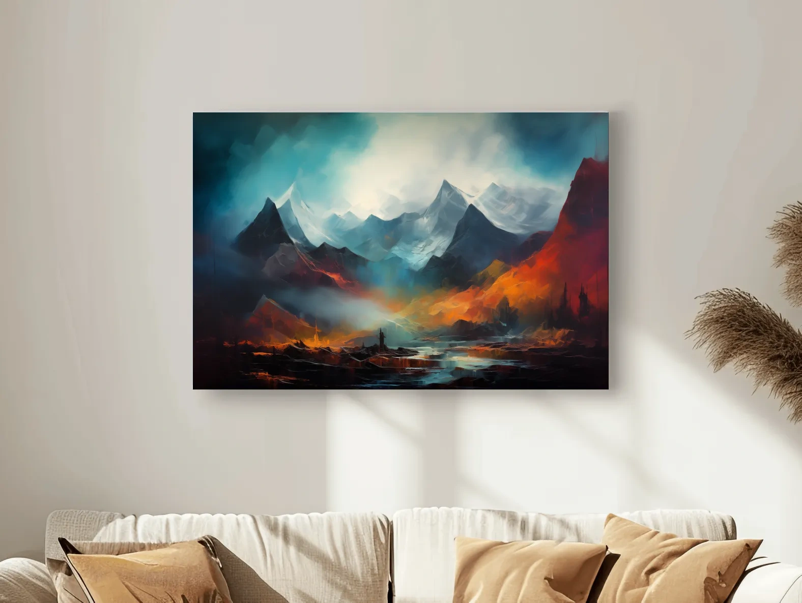 Colorful impressionist painting, abstract mountain landscape artwork