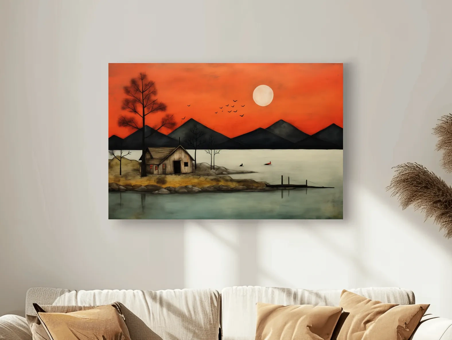 Rustic Lakeside Cabin Sunset Painting - Mountain Wall Art