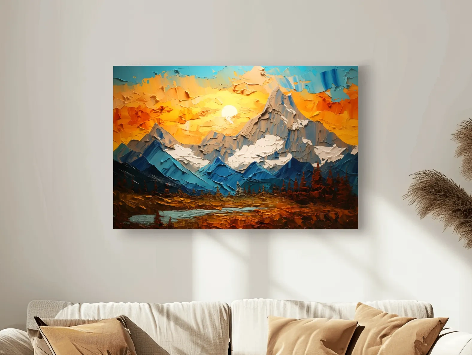 Palette Knife Style Mountain Sunset Painting - Vibrant Abstract Alpine Artwork