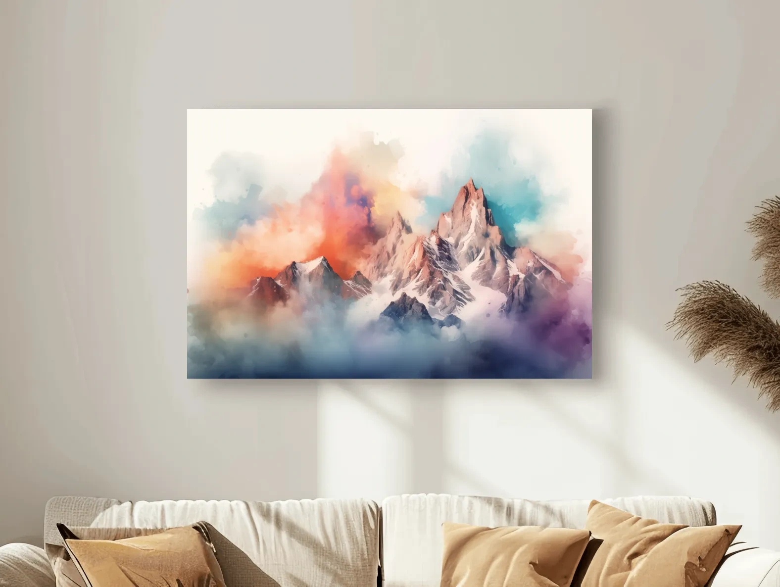 Vibrant Watercolor Alpine Mountain Peaks - Colorful Misty Artwork