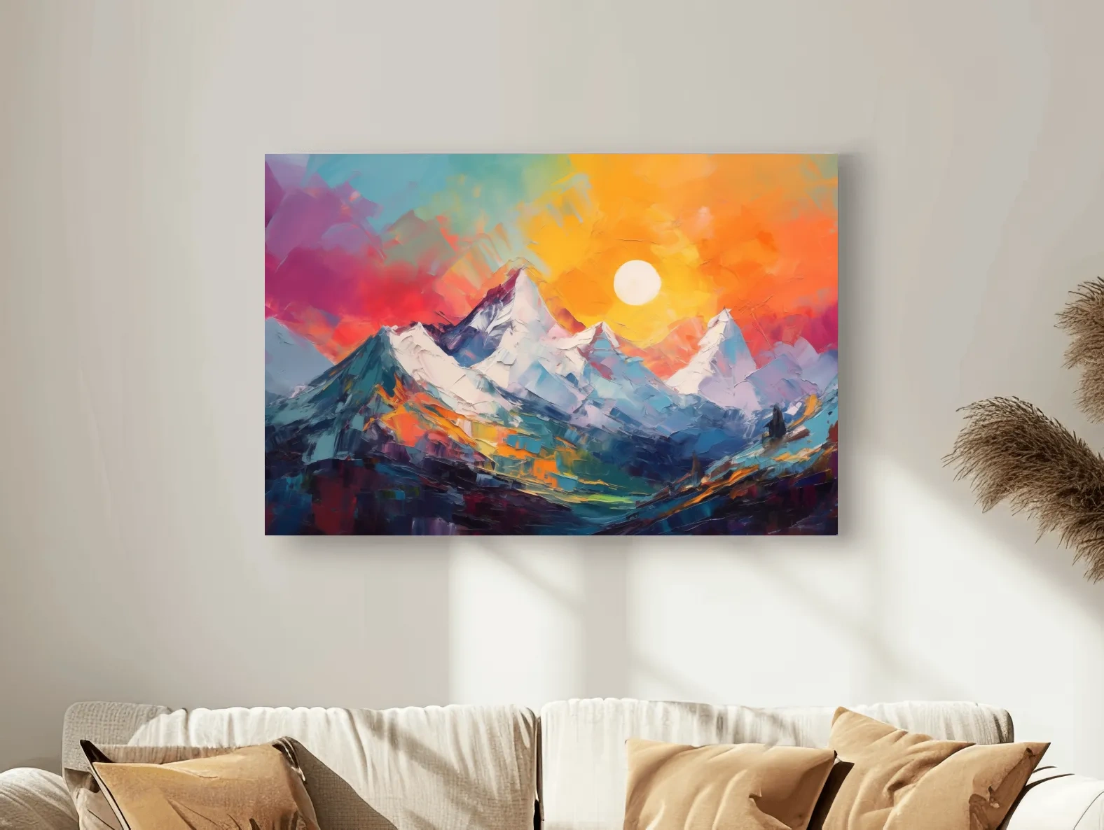 Vibrant Impasto Mountain Sunset Painting - Colorful Abstract Alpine Wall Art