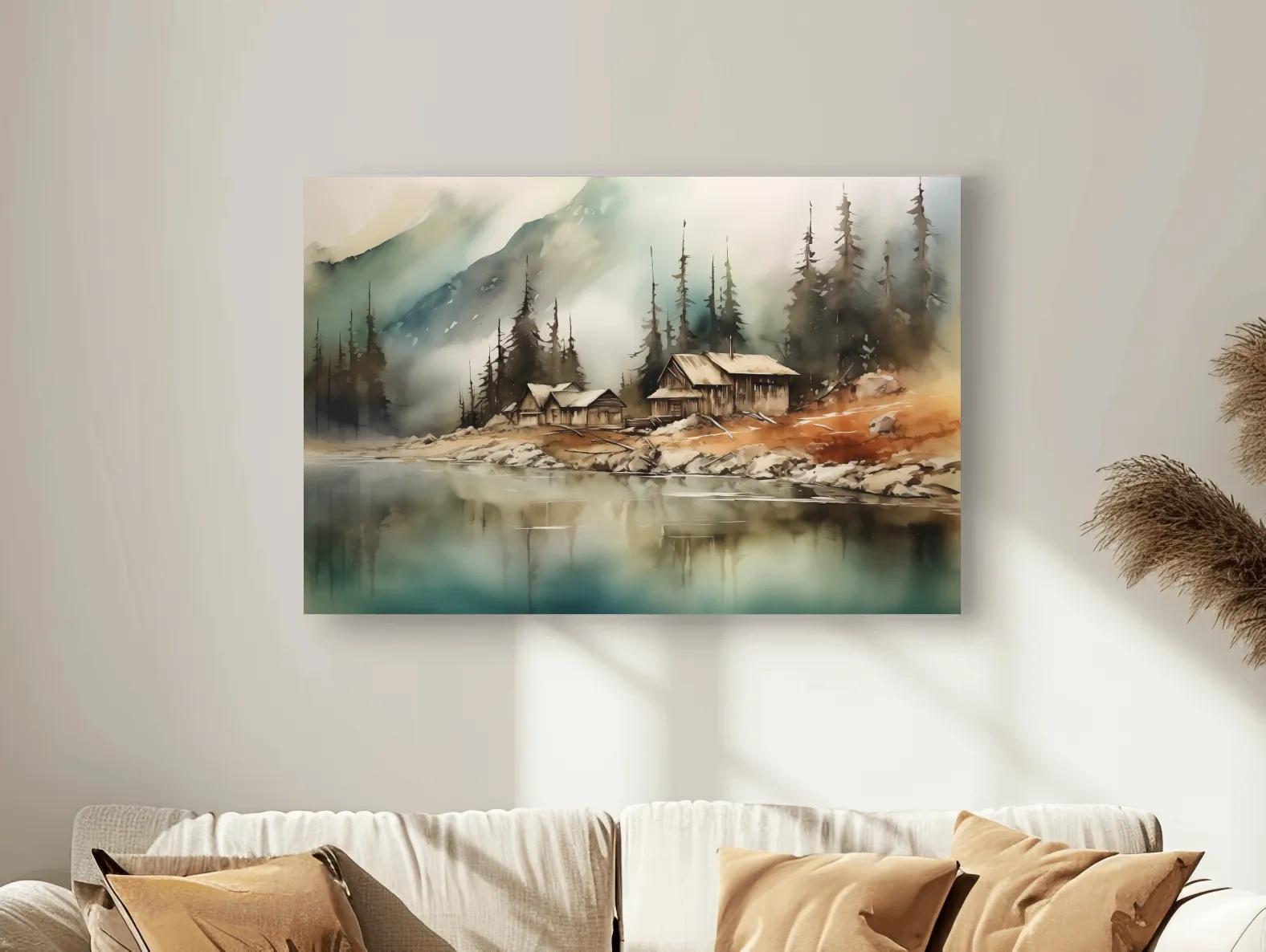 Rustic Lakeside Cabin Watercolor Landscape - Serene Alpine Mountain Wall Art
