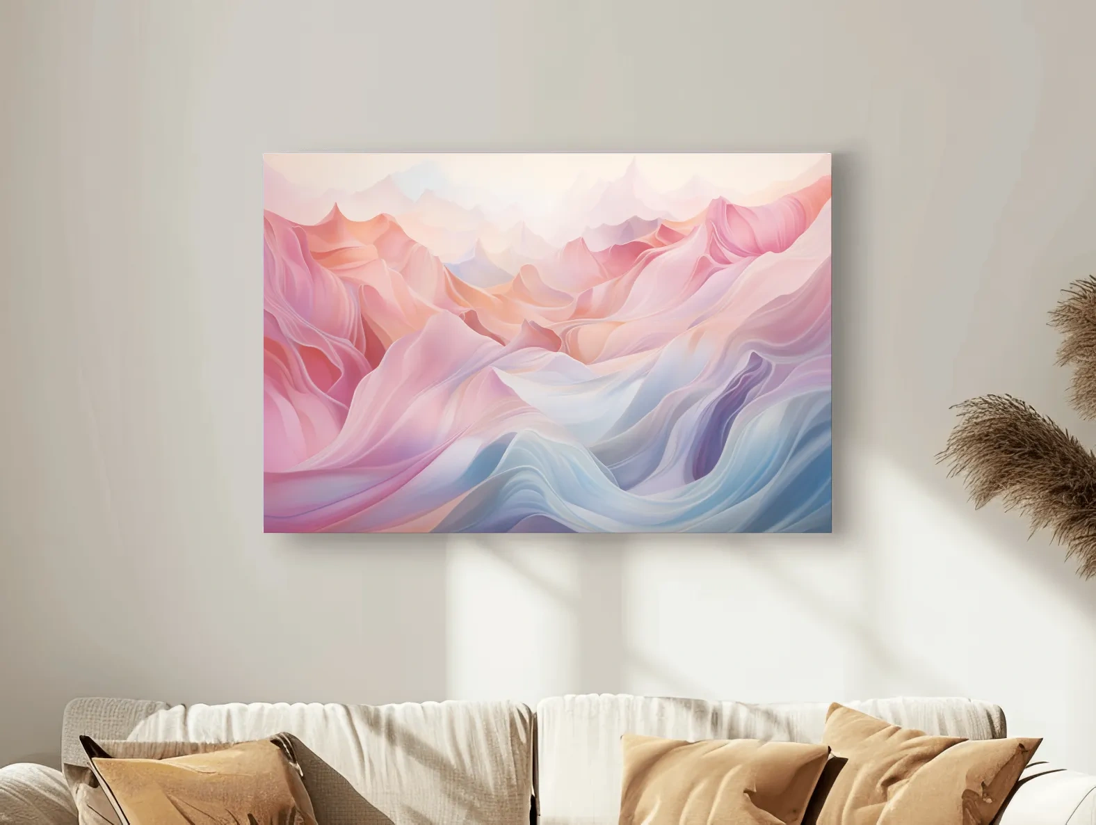 Soft pastel abstract mountain landscape artwork, flowing abstract waves in pink and blue tones