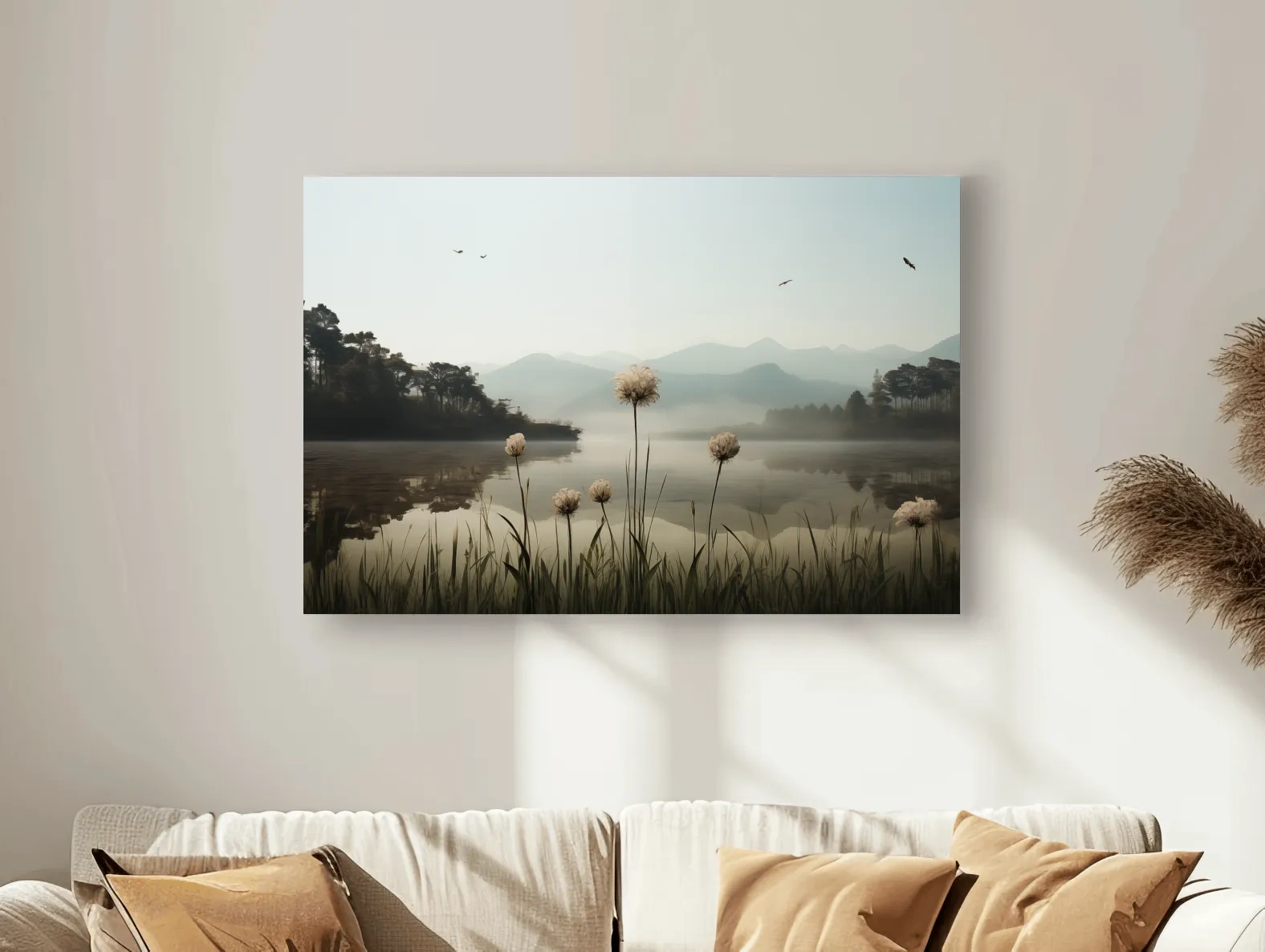 Misty Lake Painting With Wildflowers - Serene Landscape Wall Art