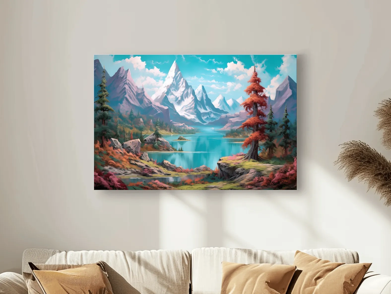 Vibrant Fantasy Alpine Lake Mountains - Surreal Colorful Artwork