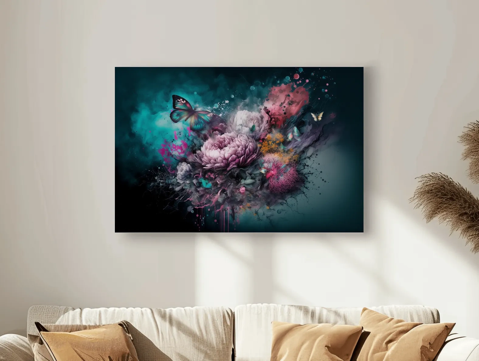 Surreal Floral Butterfly Explosion Painting - Vibrant Botanical Wall Art