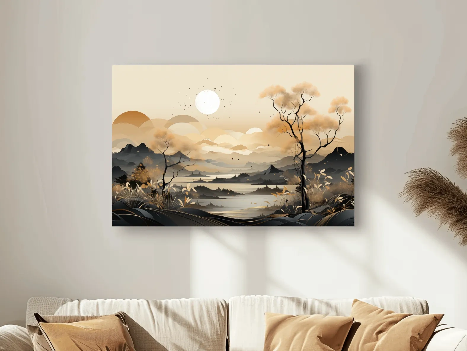 Japandi Misty Mountain Lake Landscape - Boho Wall Artwork