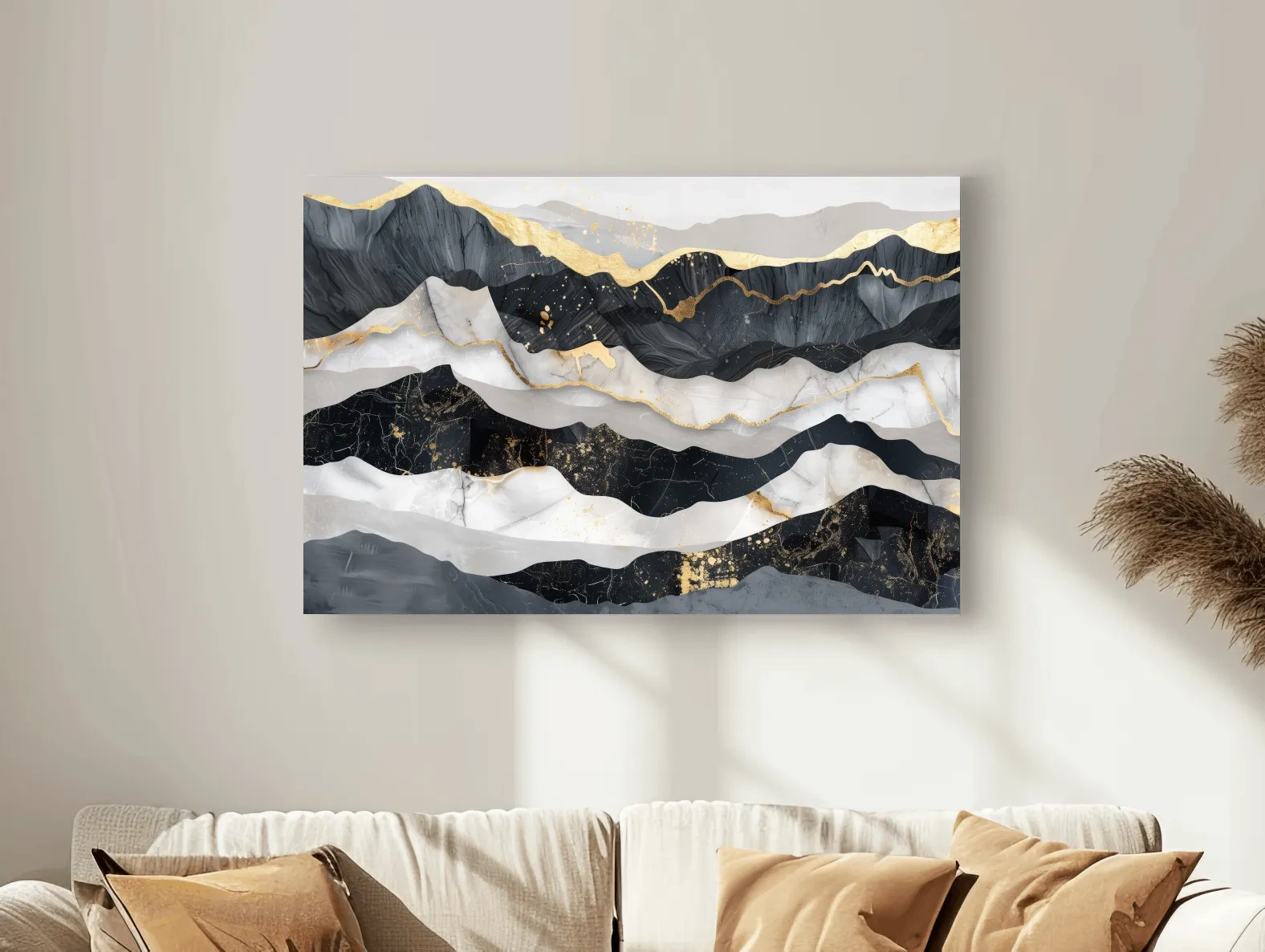 Abstract Black Marble Mountain Layers - Modern Elegant Gold Foil Style Landscape Wall Art