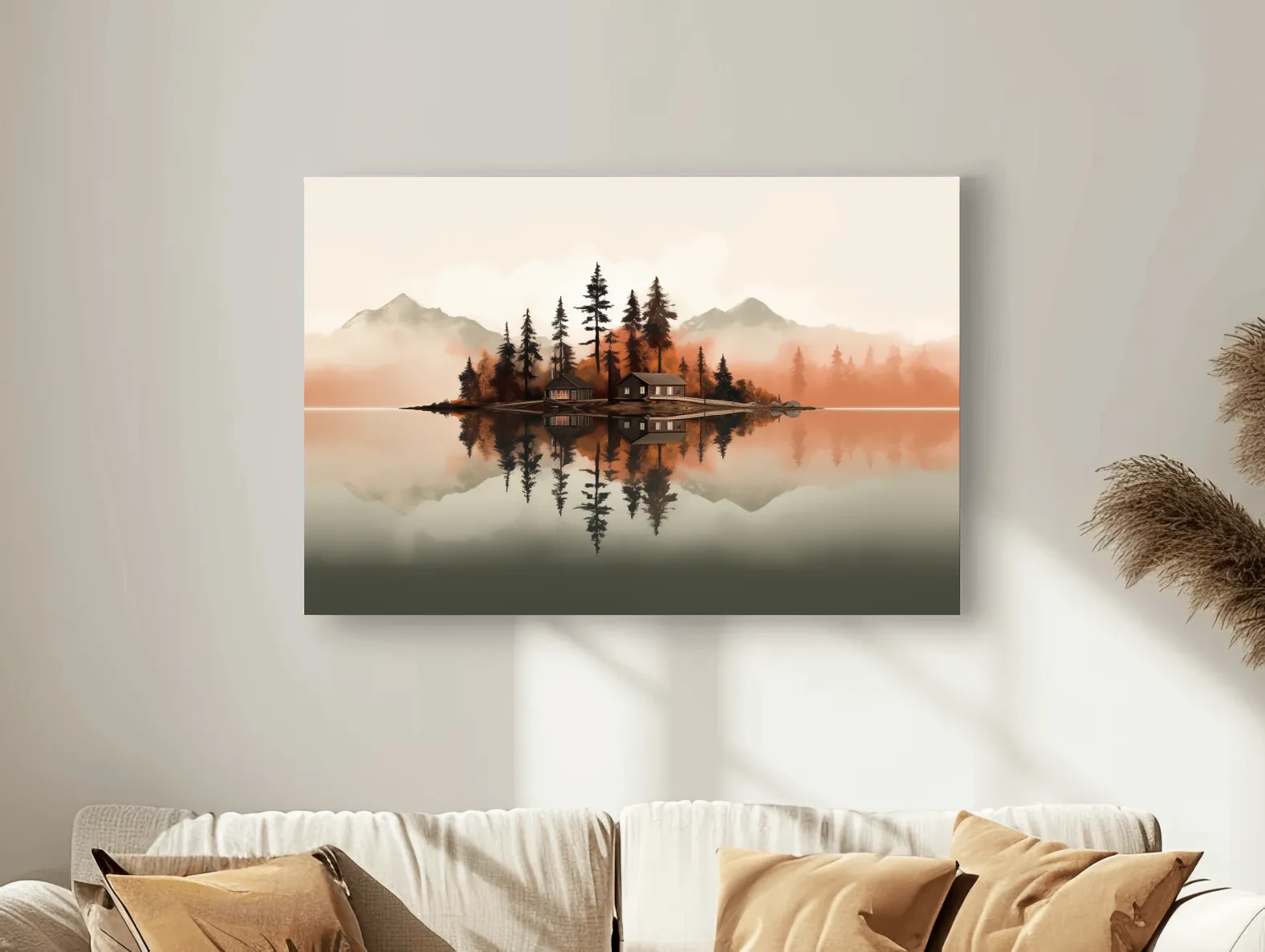 Minimalist art, lakeside cabin amongst the trees