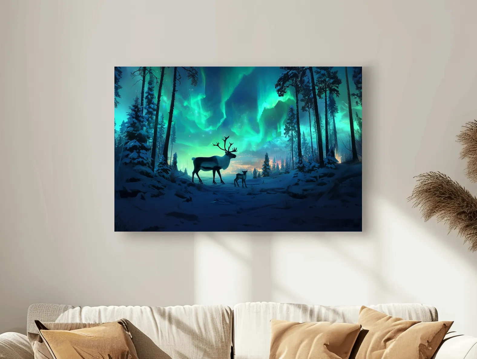 Caribou Buck Under Aurora Borealis Winter Scene - Fantasy Northern Lights Forest Wall Art