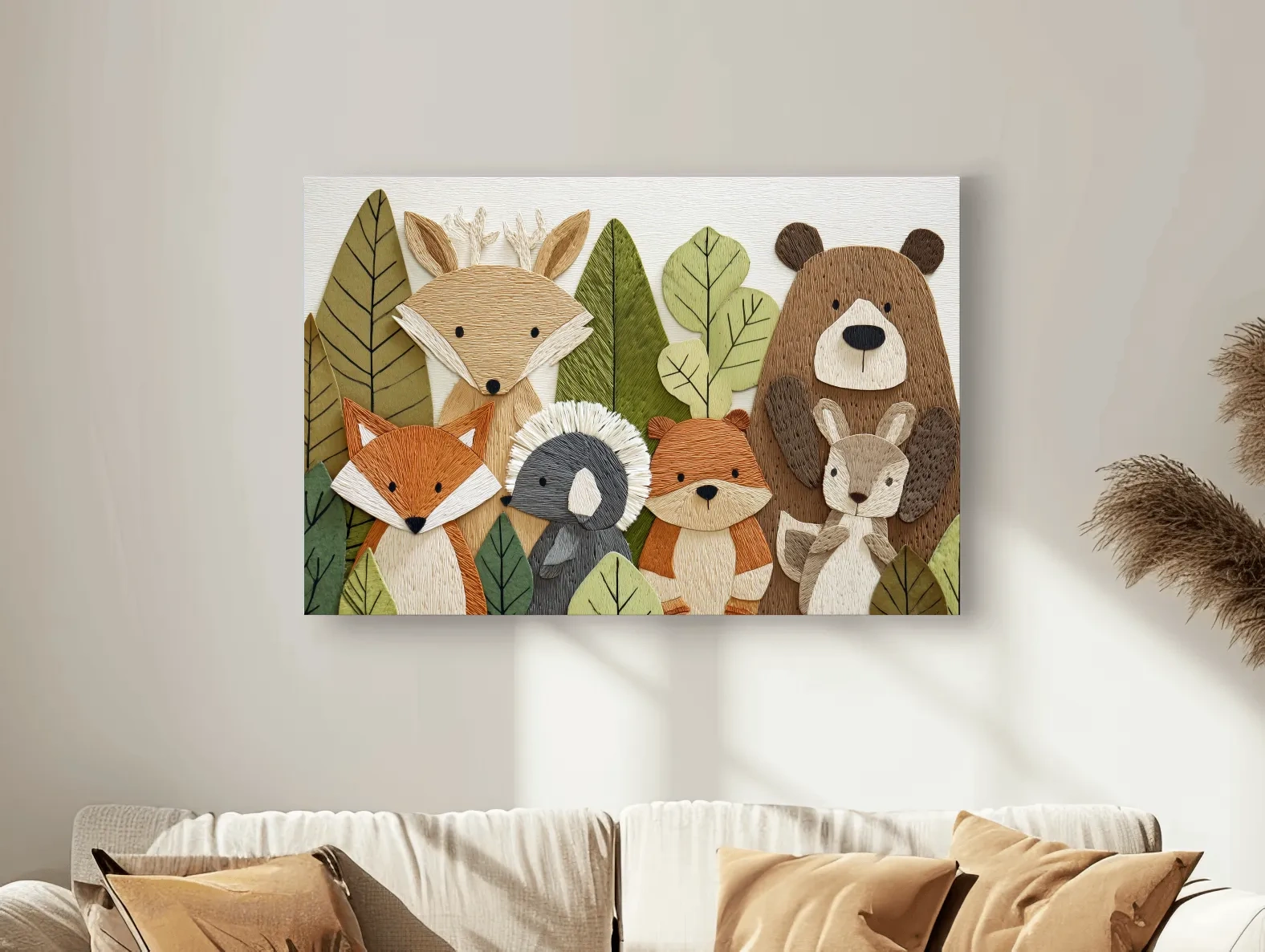 Woodland Animal Nursery Decor - Cute Forest Animals Embroidery Style Wall Art