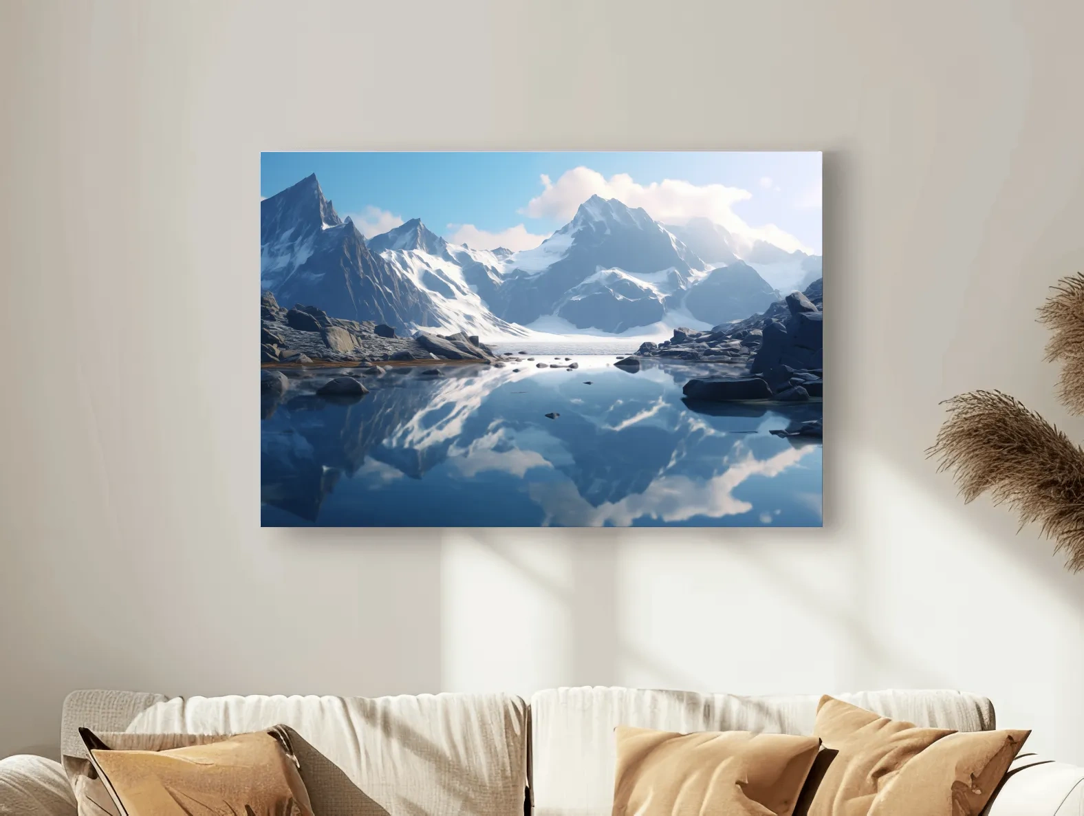 Majestic Snowcapped Mountain Lake Artwork - Serene Alpine Photography Wall Art