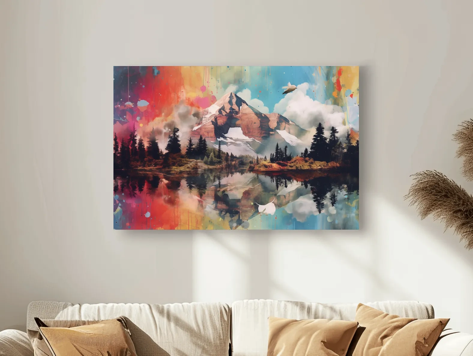 Vibrant Abstract Mountain Lake Painting - Colorful Landscape Wall Art