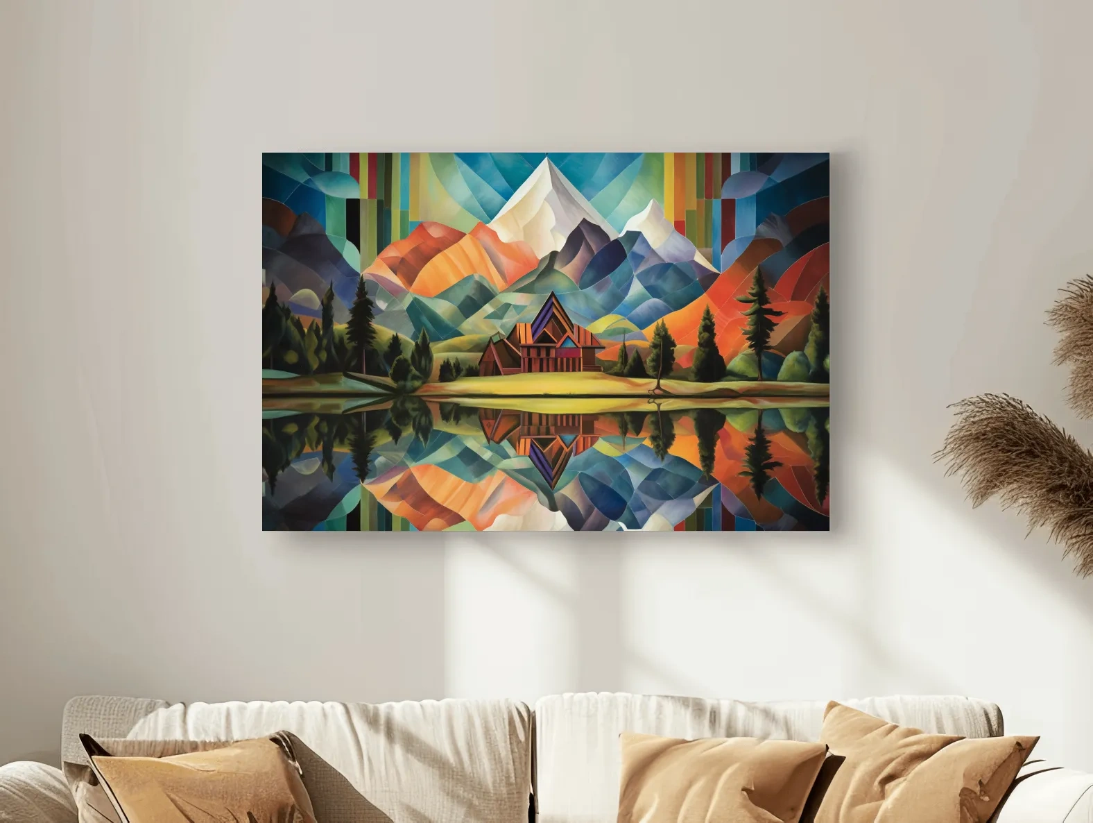 Vibrant Geometric Mountain Cabin Lake Reflection - Colorful Abstract Landscape Wall Art