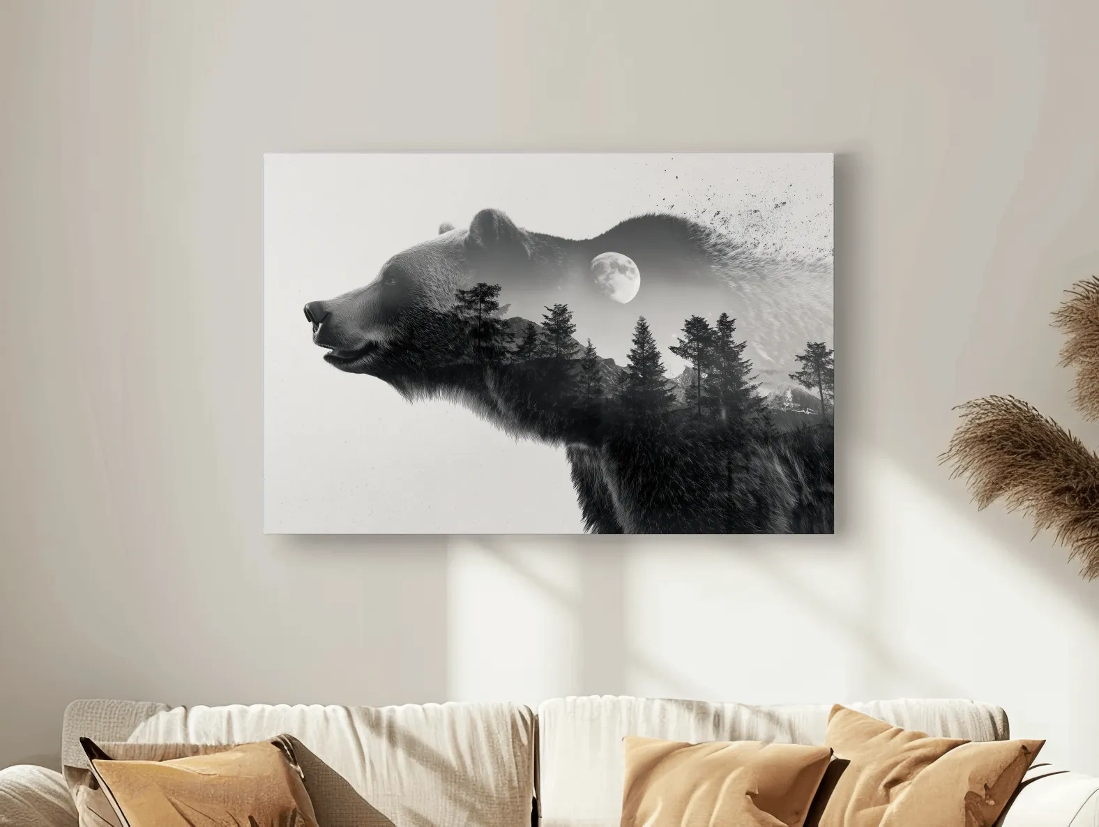 Grizzly bear wall art, moonlit forest double exposure artwork