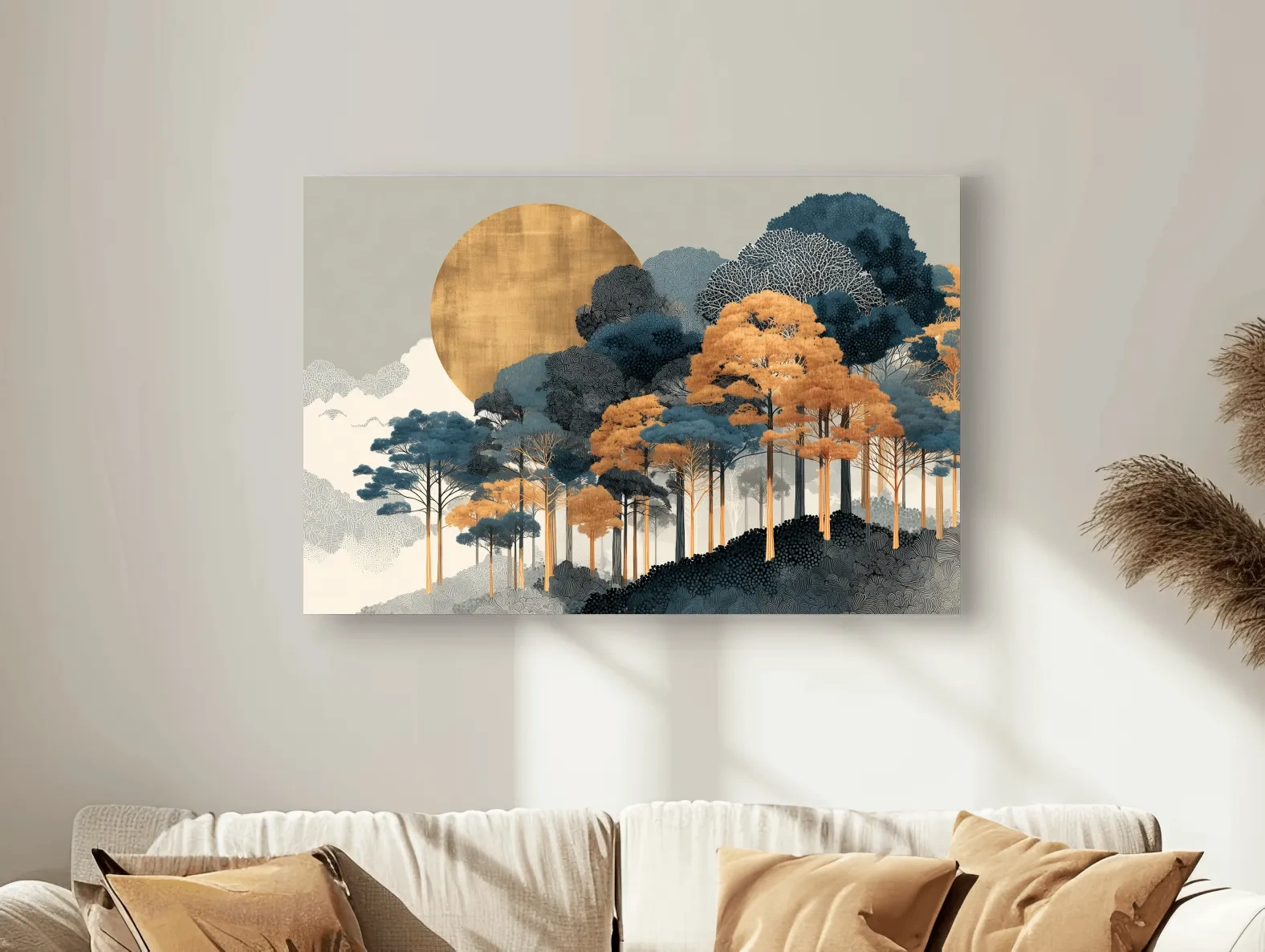 Modern Chic Golden Sun Over Autumn Forest - Elegant Boho Landscape Wall Art