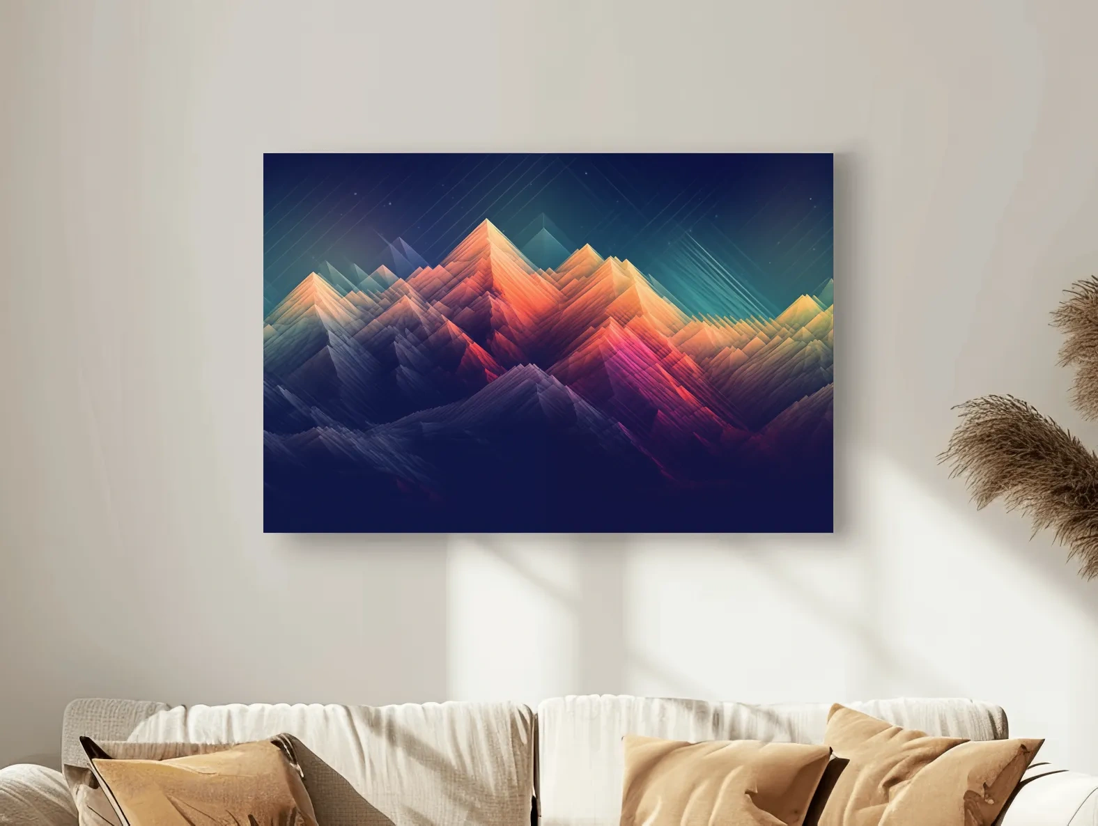 Vibrant Geometric Neon Mountain Peaks - Abstract Alpine Wall Art