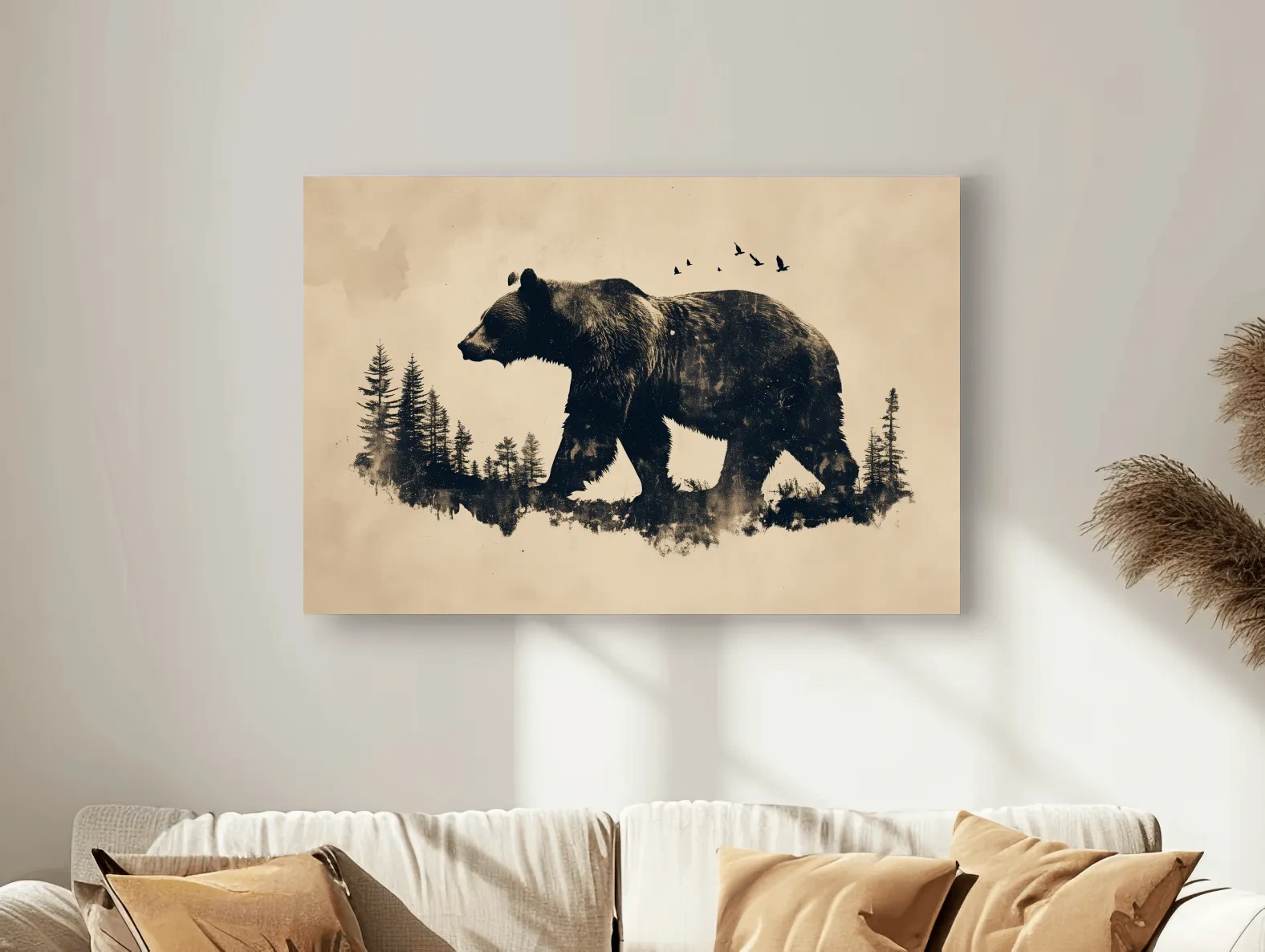 Vintage Grizzly Bear Forest Silhouette - Rustic Wildlife Wall Art