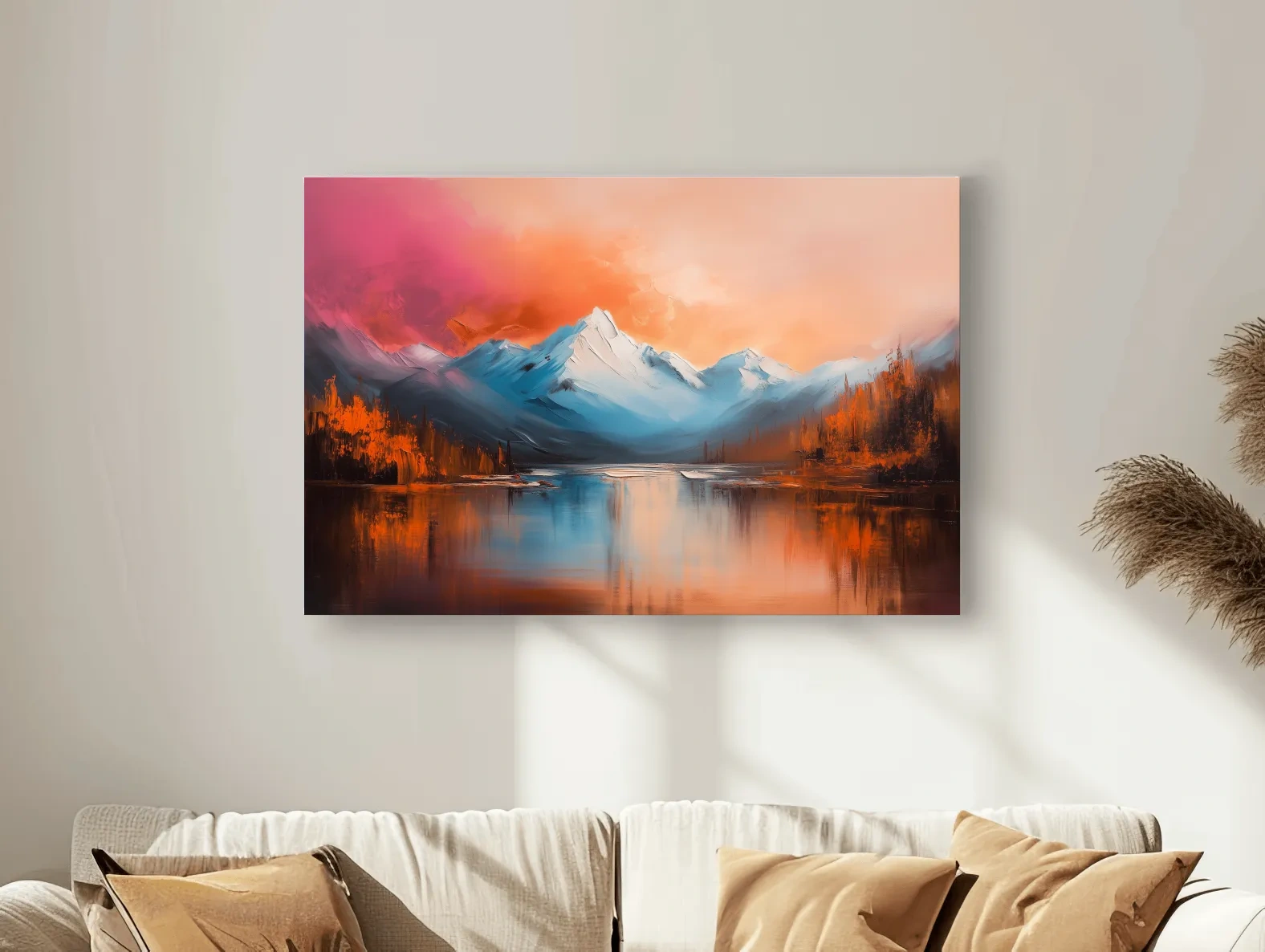 Sunset Mountain Lake Painting - Serene Abstract Landscape Wall Art Print