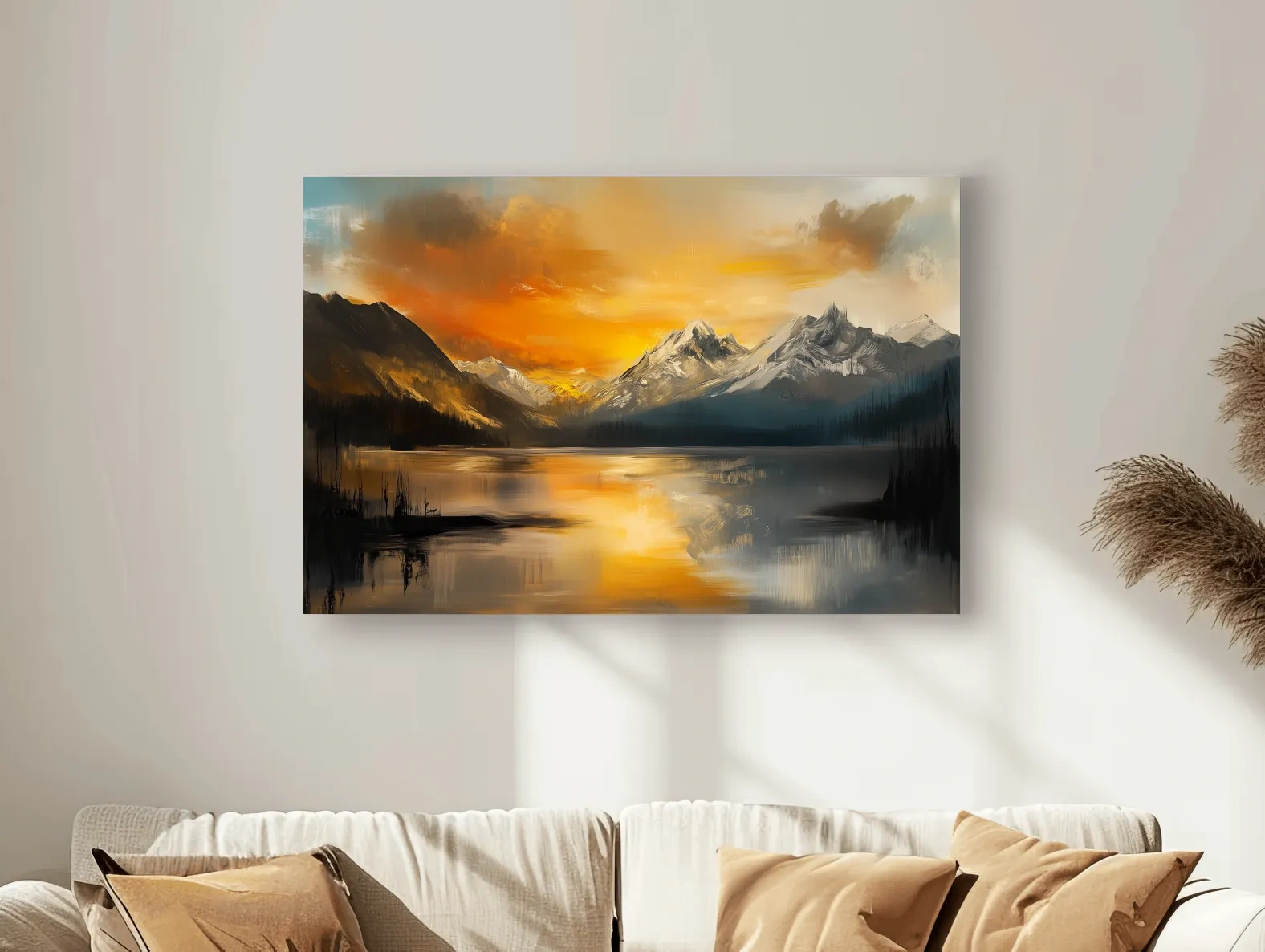 Moody Alpine Mountain Lake Sunset Painting - Oil Painting Style Wall Art
