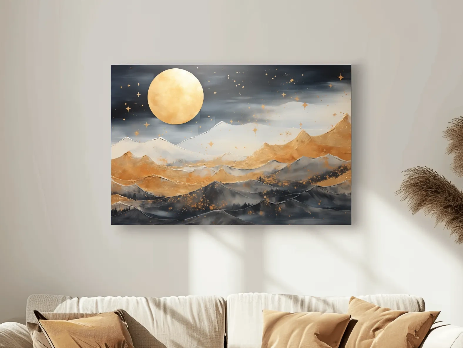 Golden Moonlit Abstract Mountain Landscape - Modern Metallic Watercolor Wall Art
