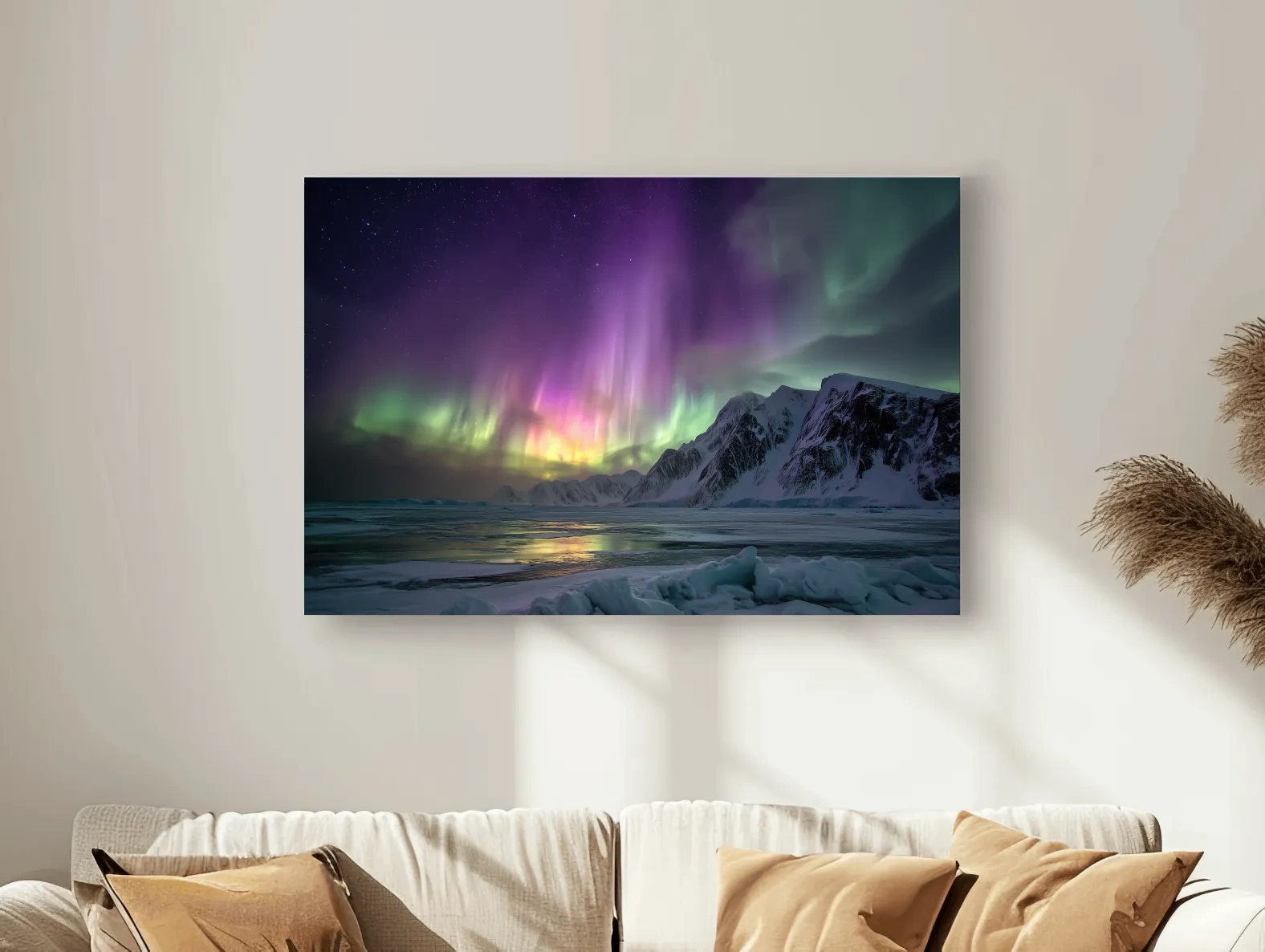 Vibrant Northern Lights Over Snowy Mountains - Aurora Borealis Photographic Night Sky Wall Art