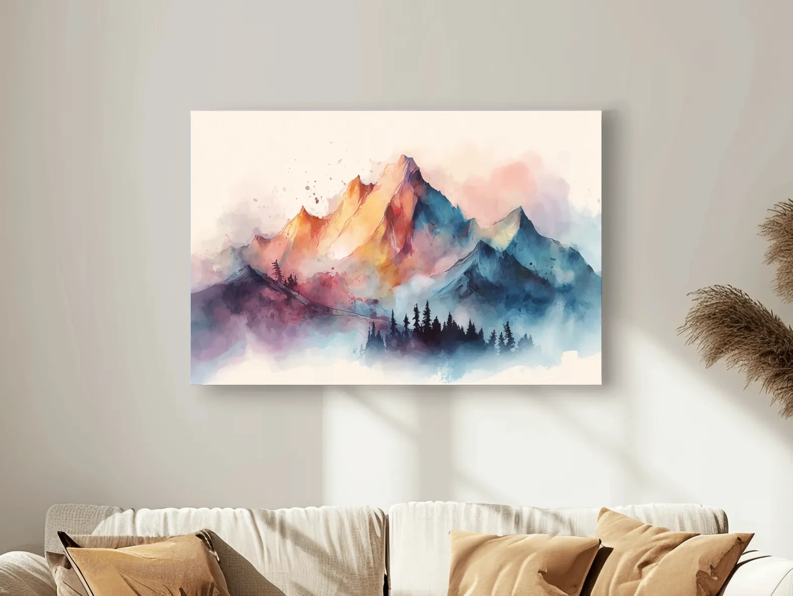 Vibrant Watercolor Mountain Peaks - Colorful Misty Alpine Forest Wall Art