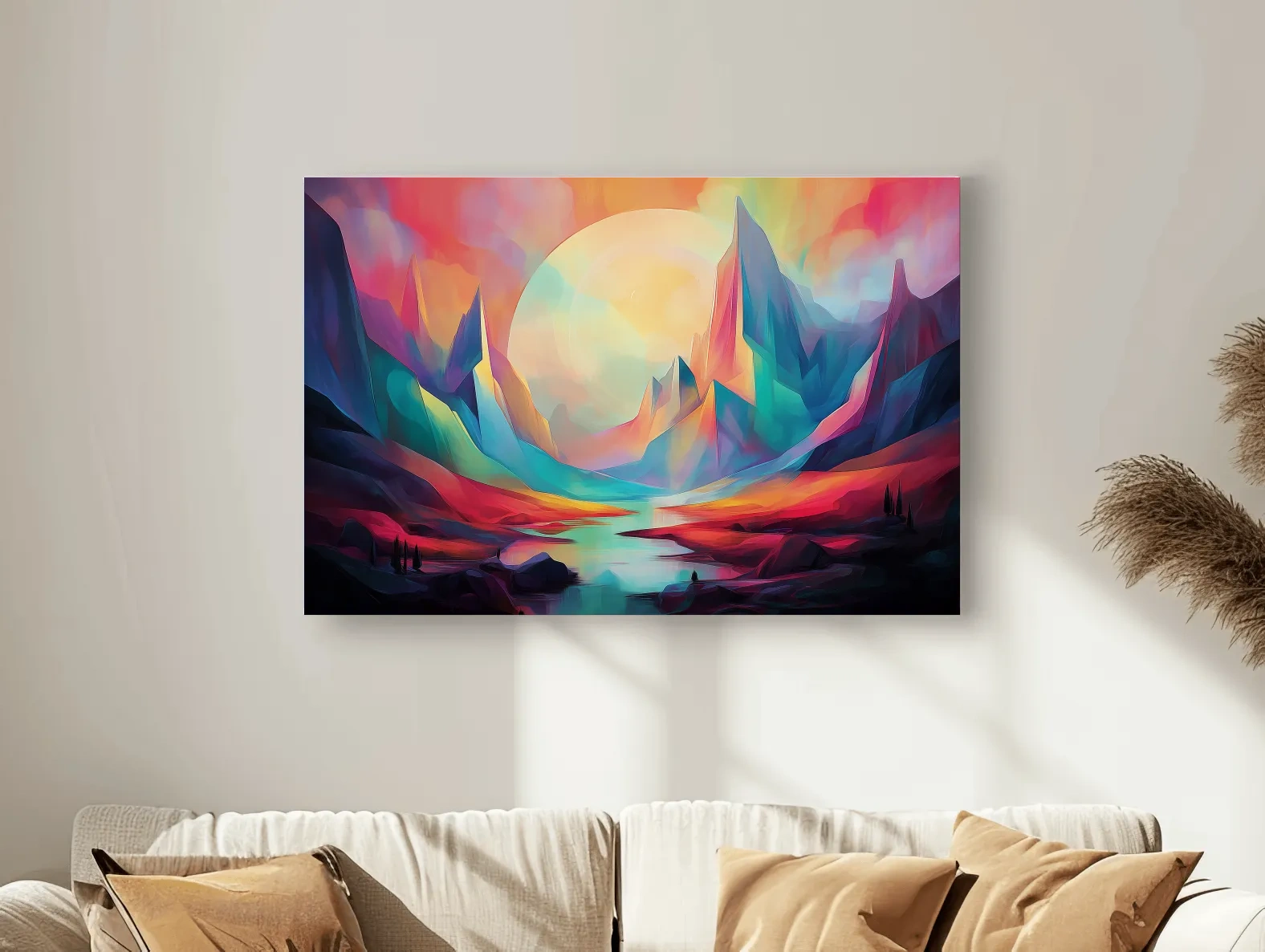 Vibrant Abstract Mountain Valley Sunset - Colorful Surreal Landscape Wall Art
